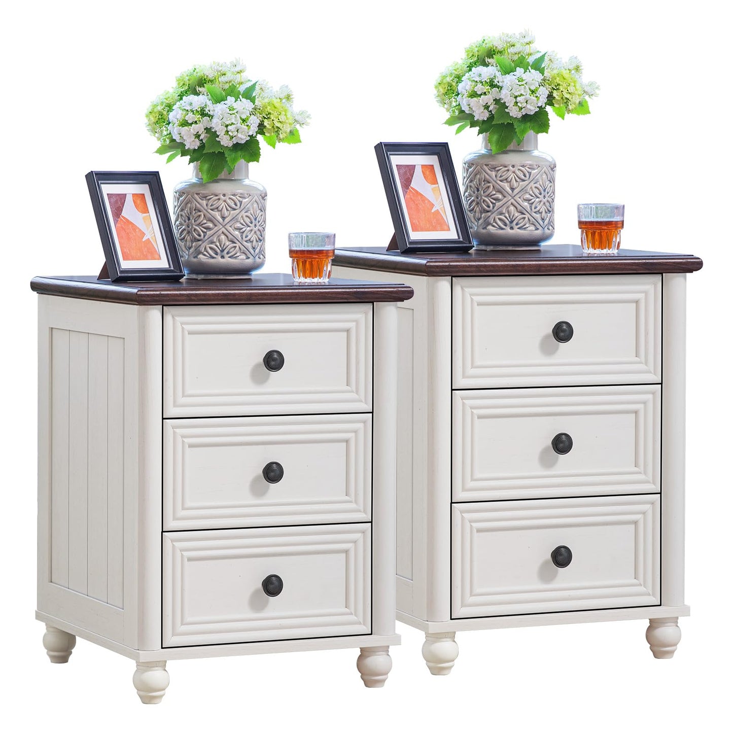 RWYHG 18" Farmhouse Night Stand Set of 2, White Wood Nightstand with 3 Drawers, Bedside End Table with Storage and Roman Column, Bed Side Tables Cabinet for Bedroom, Living Room, and Closet