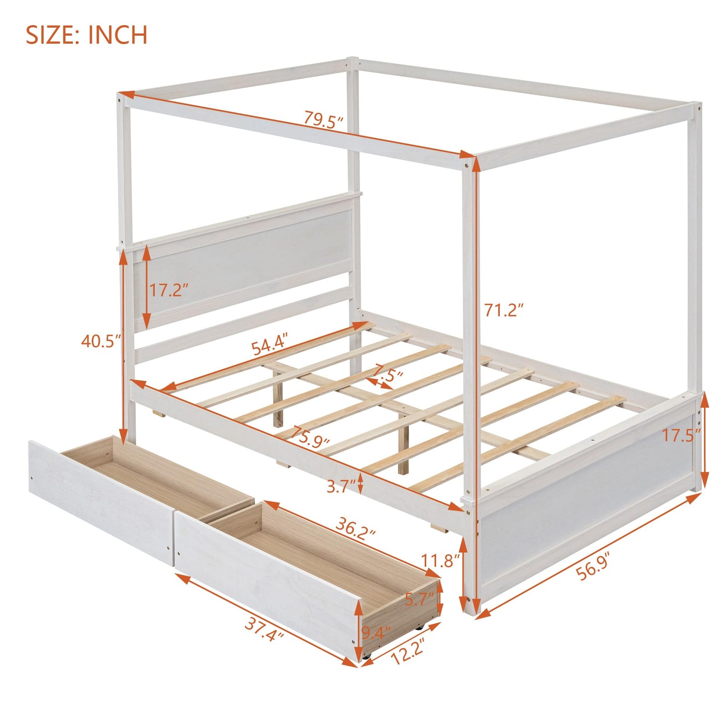 Merax Full Size Canopy Platform Bed with 2 Drawers, Wooden Bed Frame with Support Slats, No Box Spring Needed, Brushed White