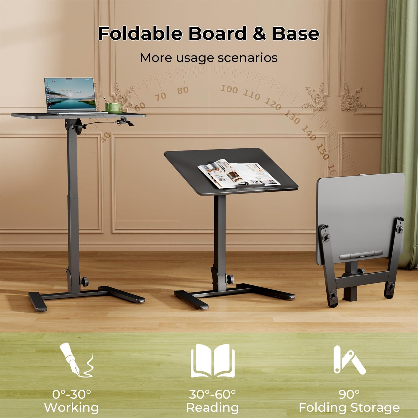 Gibbon Mounts Foldable Standing Desk，Small Mobile Sit-Stand Desk with 90 Tiltable Top，Rolling Rising Laptop Workstation Adjustable Height，Portable Table on Hidden Wheels/4 Lockable Casters，Black