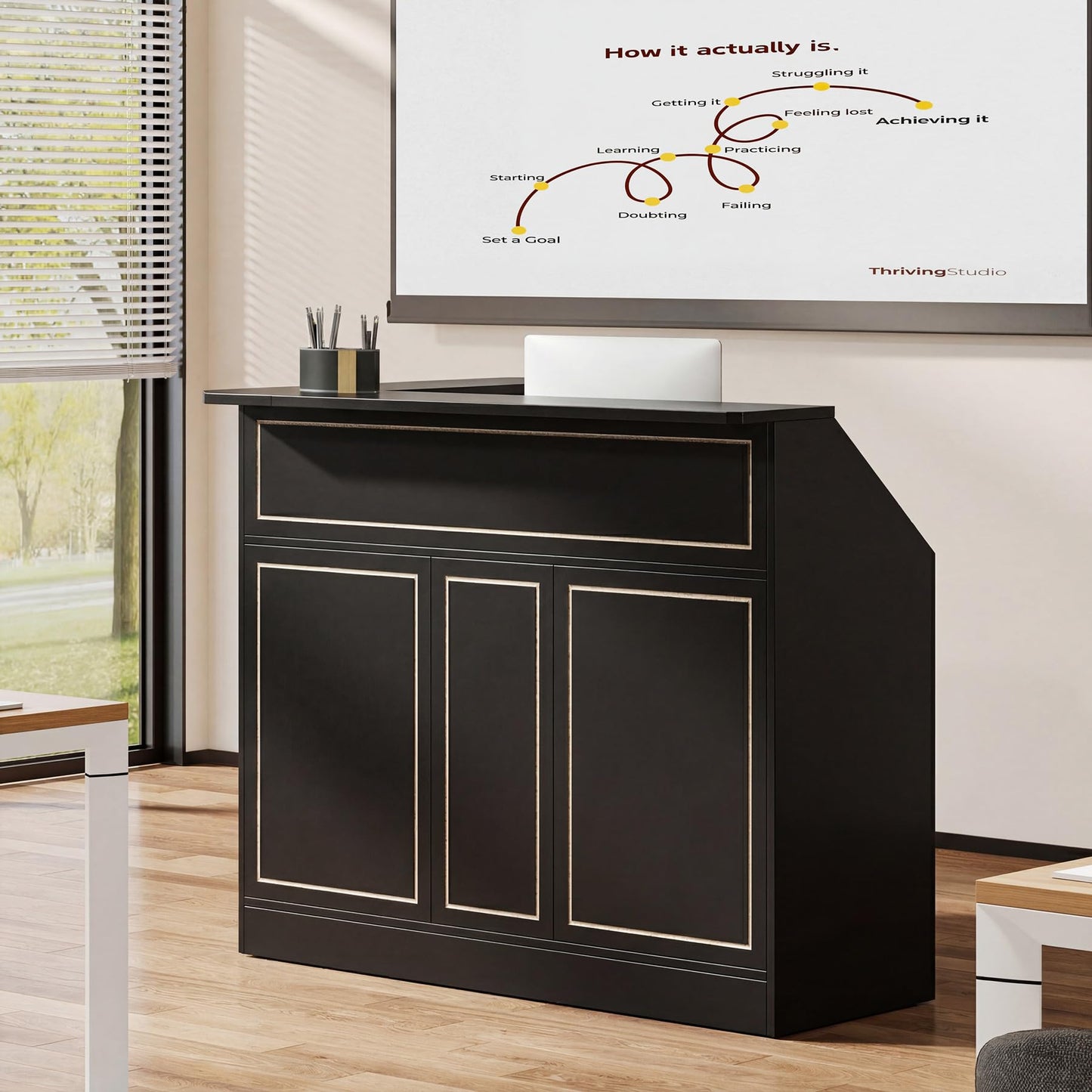 Tribesigns L-Shaped Reception Desk, Modern Black Front Counter with 2-Tier Storage & Stemware Rack, Elegant Office Reception Desk for Lobby, Business Area