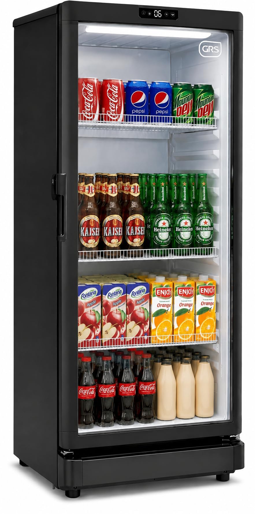 GRS Commercial Display Refrigerator with Glass Door Lock | Cool Air Flow & Temperature | Beverage fridge, Drink and Wine Cooler with Adjustable Display Shelf for Stores and Bars | Black, 6.0 Cu. Ft