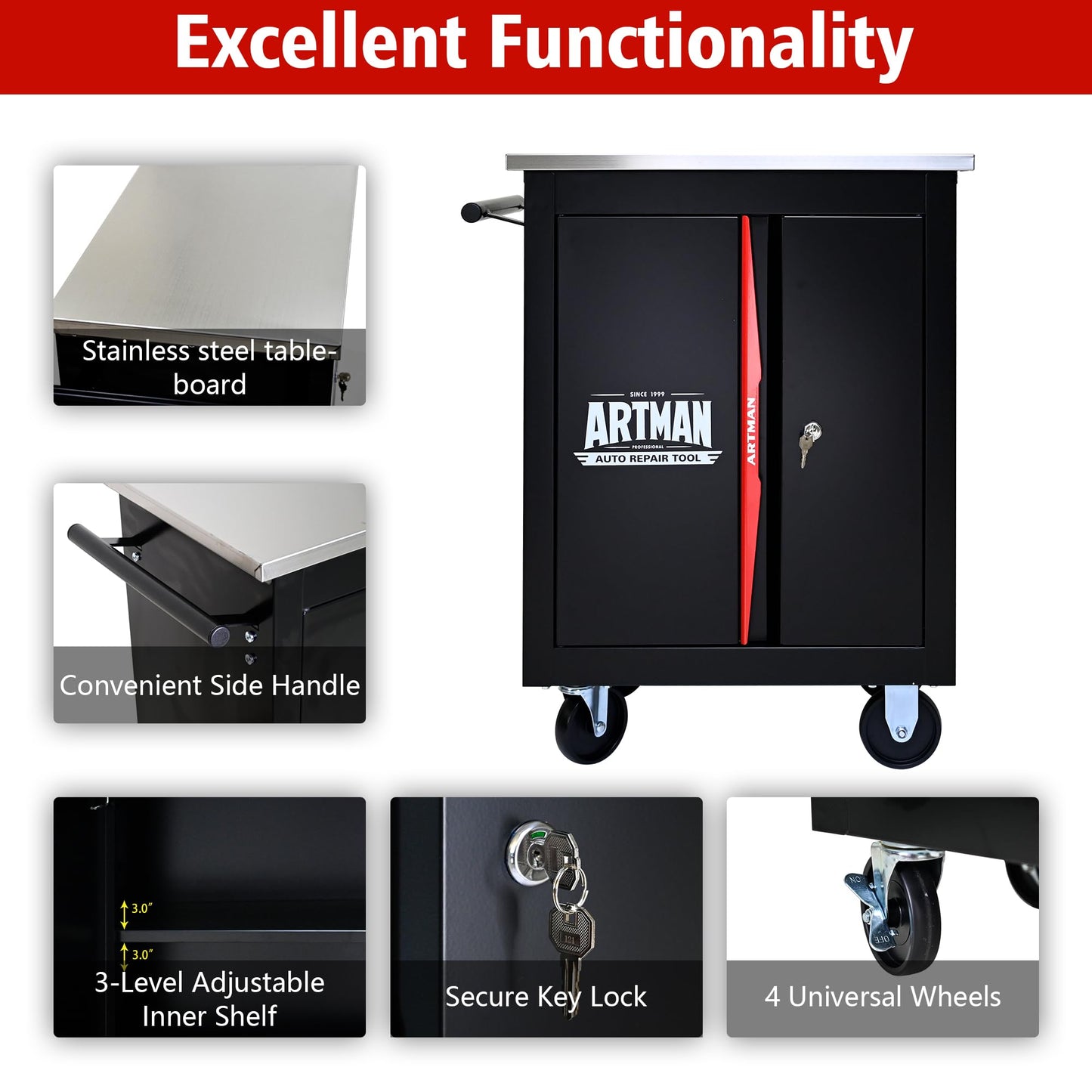 KEIKI Double Door Tool Cart with Storage Shelf, Rolling Metal Tool Cabinet with Lockable Wheels, Multi-Function Garage Workshop Tool Organizer (Black&Red)