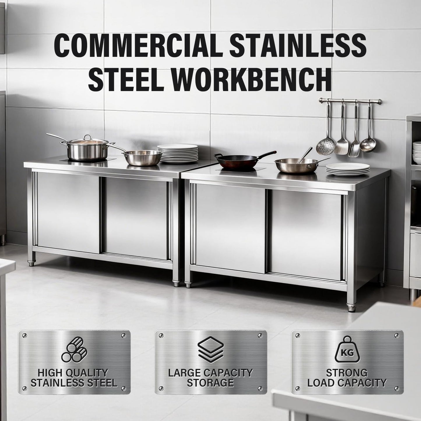 Stainless Steel Commercial Worktable w/Sliding Doors for Prep & Work 39.4" x 19.7" x 33.5" Commercial Kitchen Prep Table Heavy Duty Workbench w/Cabinet for Home Restaurant Hotel and Garage (Small)