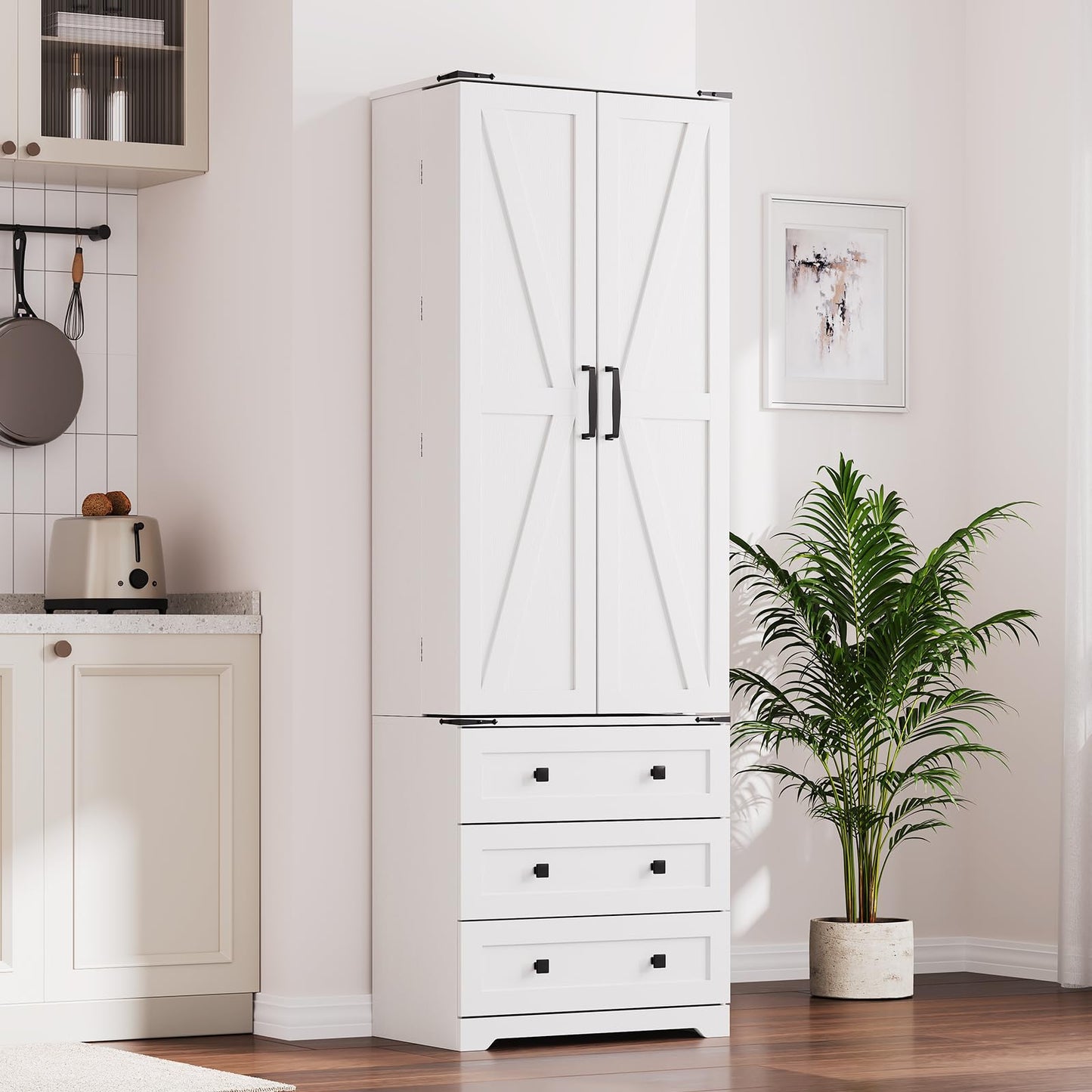 IDEALHOUSE Farmhouse Kitchen Pantry Cabinet - 72" Tall Large Wood Kitchen Storage Cabinets with Adjustable Shelves & 2 Barn Doors & 3 Drawer, Versatile Storage for Dining Room, Bathroom, Living Room