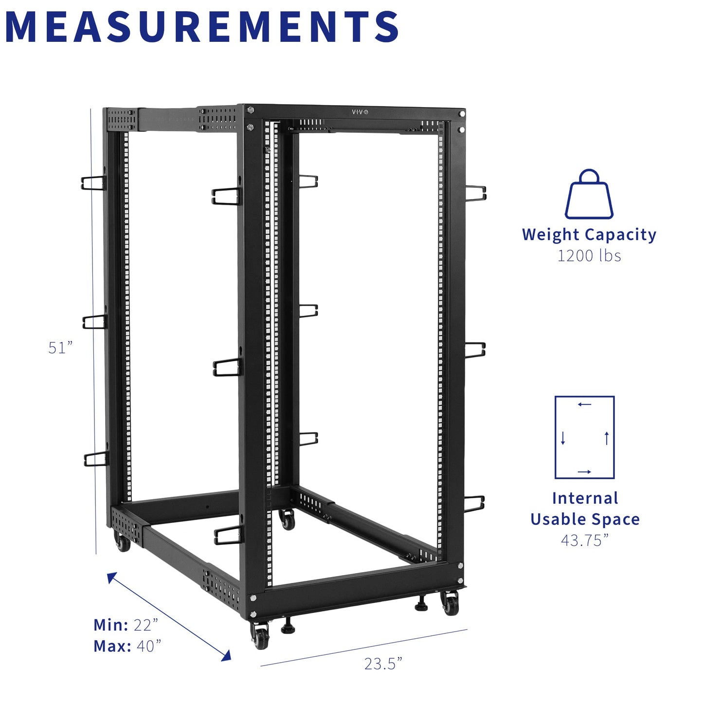 VIVO 25U Freestanding Server Rack, Mobile Open Frame 22 to 40 inch Adjustable Network Server Cart, Black, CART-SR25U