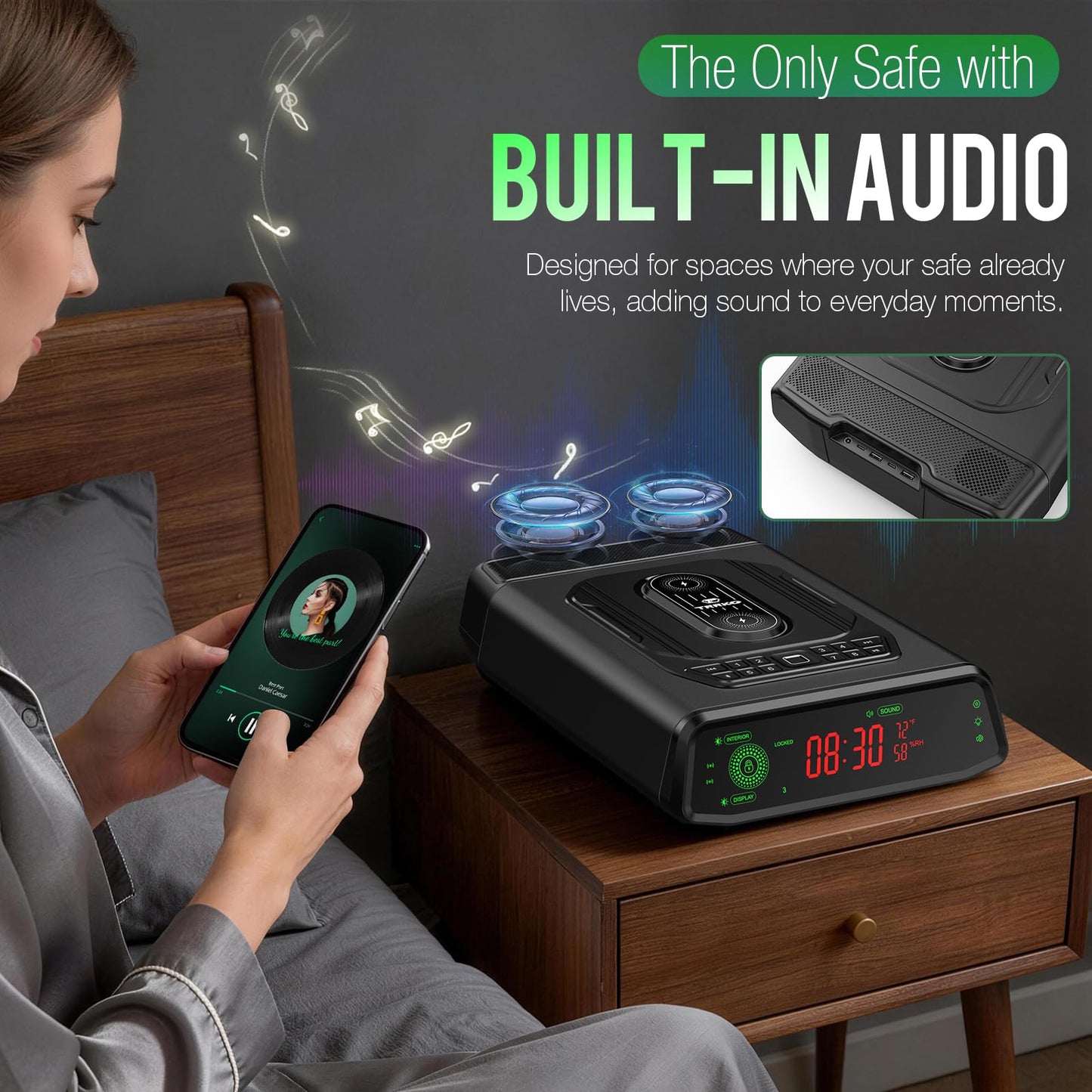 TRRKO Biometric Gun Safe with Built-in Speaker, High-Accuracy & Fast-Response Fingerprint, Wireless Charging Station, Fully Auto-Open Drawer, Fits 2 Pistols, Bedside Handgun Safe for Nightstand