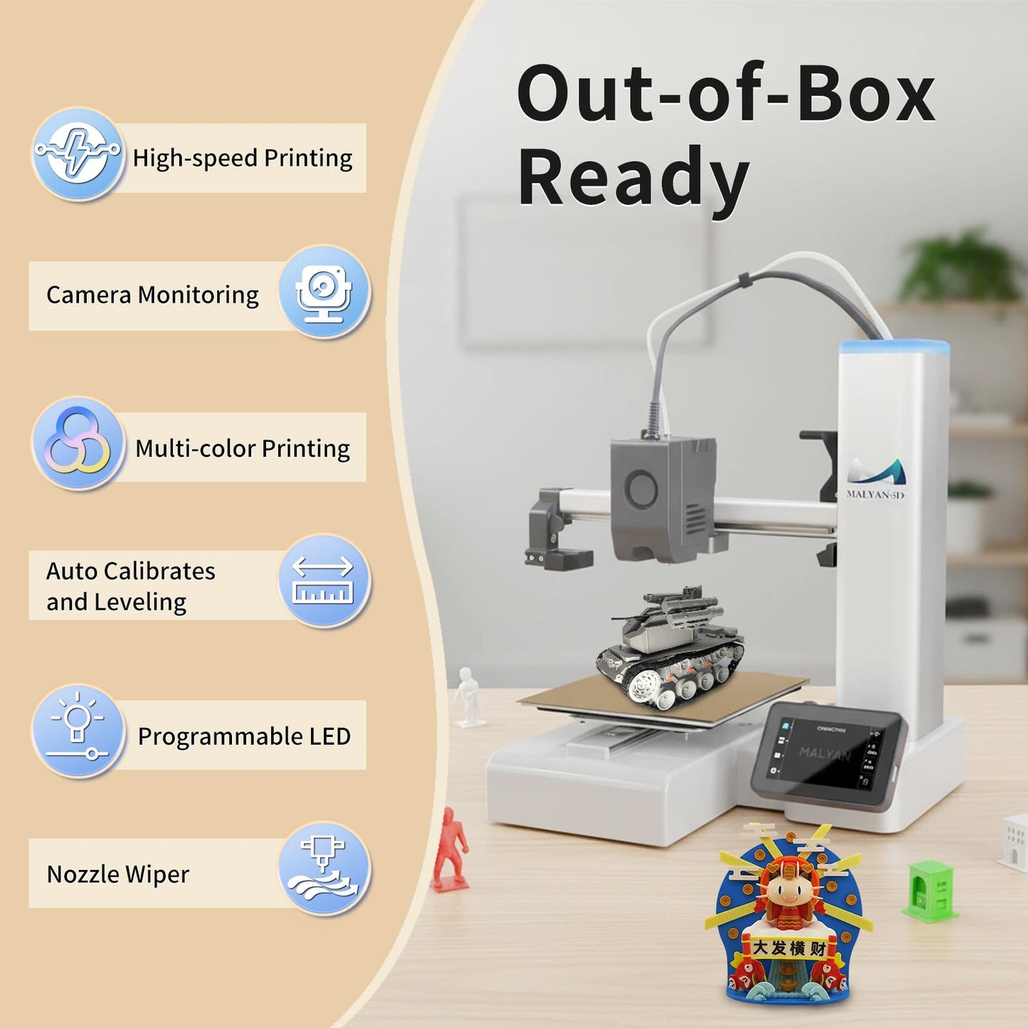 MALYAN M200 Ultra Mini 3D Printer, Max 600mm/s High Speed Printing for Kid and Beginner, Full-Auto Leveling & Smart Vibration Compensation with Camera for Monitoring, Print Size 180x180x180mm