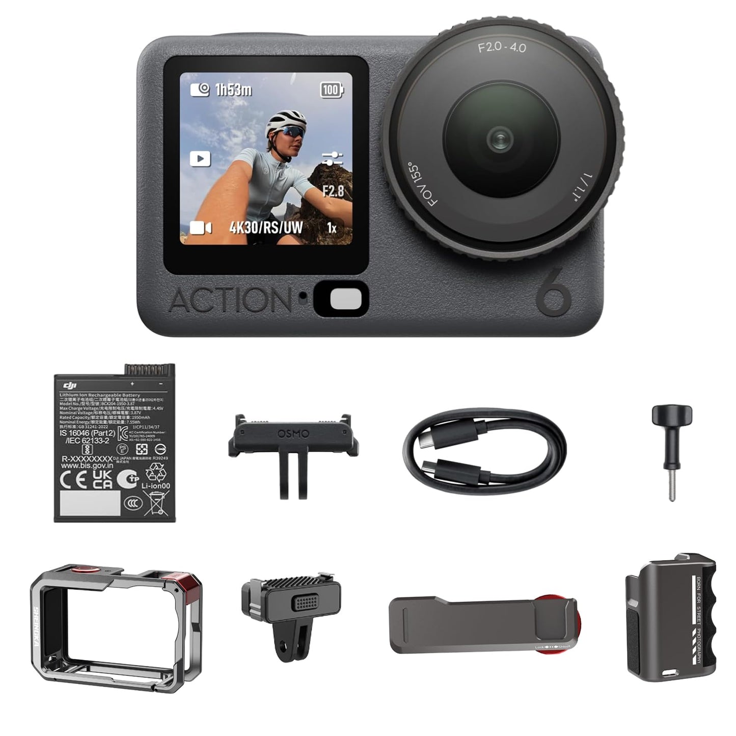 DJI Osmo Action 6 8K Waterproof Action Camera Bundle, 1/1.1" Square Sensor, Variable Aperture of f/2.0–f/4.0, 50GB Built-in Storage, Original Essential Combo + Street Photography Handle Kit