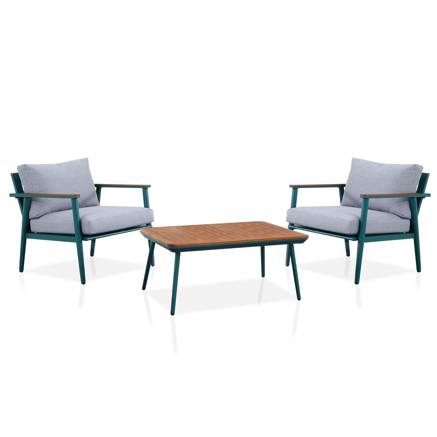 Furniture of America Beth Mid-Century Modern 3-Piece Aluminum Patio Conversation Set, Rectangle Table and 2 Padded Outdoor Chairs for Garden, Backyard, Deck, Gray, Green and Oak Brown