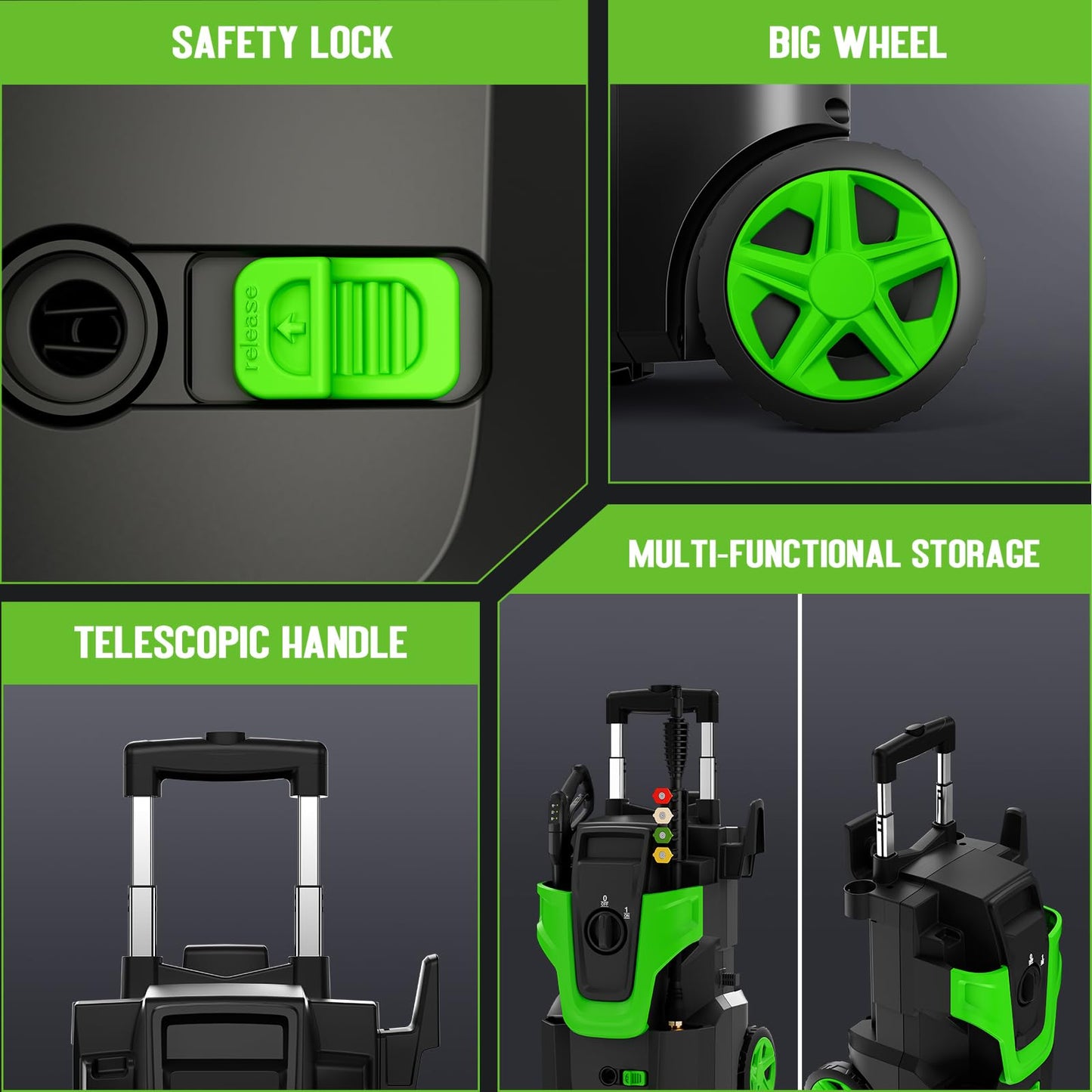 5000PSI Heavy Duty Pressure Washer, 3-Speed Adjustable Power Washer with 2-Stage Pull Rod, 4 Nozzles, Foam Cannon & 500ml Soap Bottle for Car, Home & Outdoor Cleaning,Green
