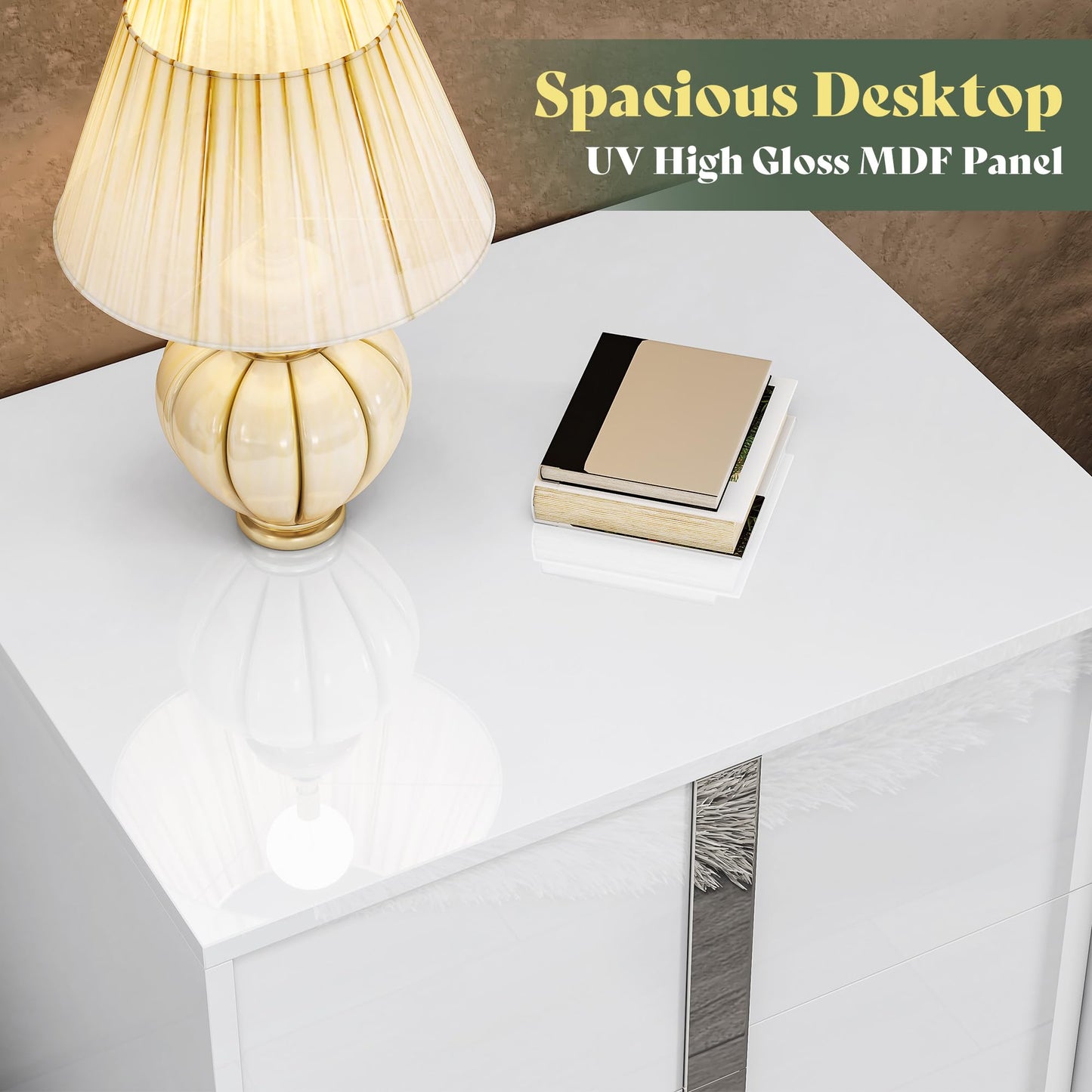 AMERLIFE Nightstand Set of 2, 23.6'' Modern End Table with Drawers, High Gloss UV Finish, Electroplated Pull Handle, Bedside Table for Bedroom, White