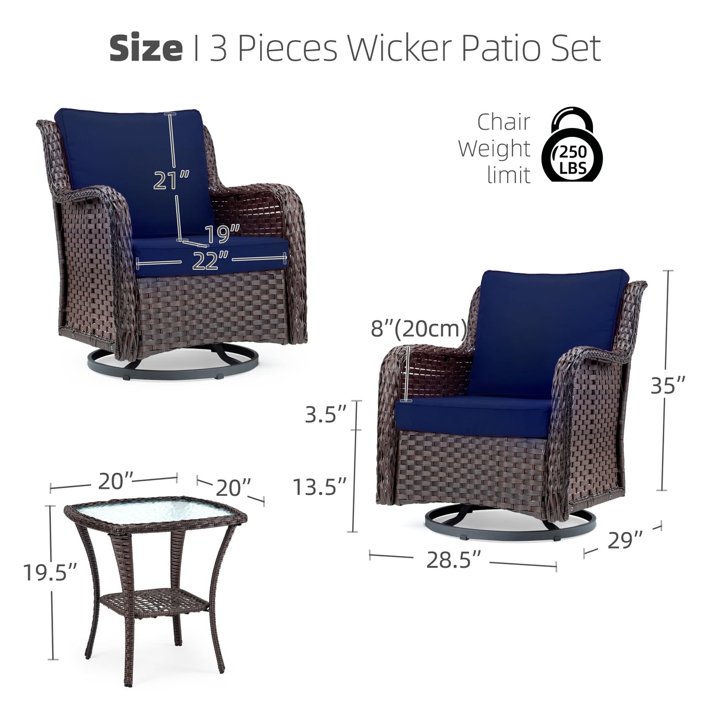 Towallmark Outdoor Swivel Wicker Glider Patio Chairs with Table Set, 3 Pieces Outdoor Bistro Set with 4”Thick Cushions and Coffee Table for Porch, Balcony, Deck (Blue)