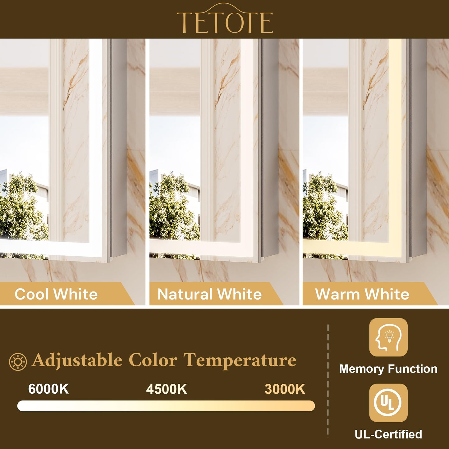 TETOTE 30 x 26 LED Lighted Medicine Cabinet with Mirror with Adjustable Shelves, Silver Aluminum Cabinet, Anti-Fog Stepless Dimmable 3 Colors White/Warm/Natural, Easy to Install(Wall Mount/Recessed)