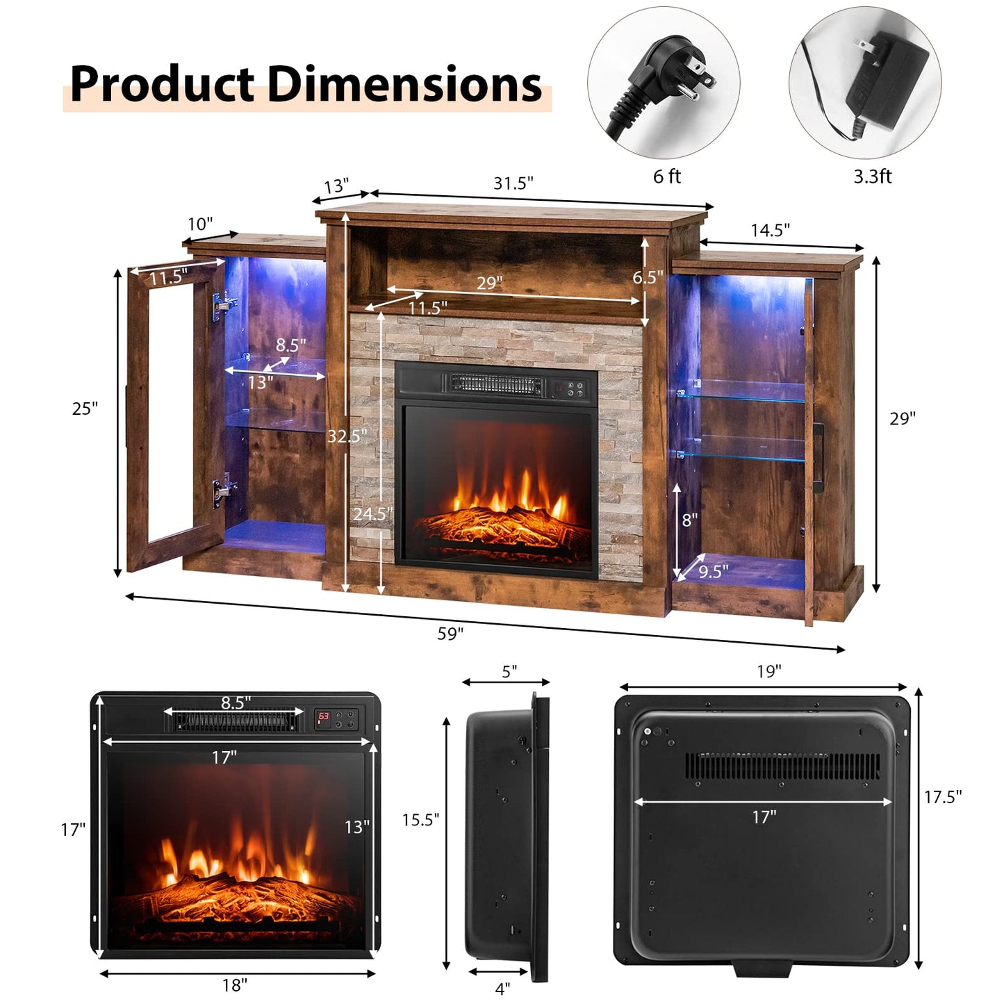 Tangkula Electric Fireplace TV Stand, Electric Fireplace Mantel with 16-Color Led Lights, Adjustable Glass Shelves, Remote & Smart APP Control, TV Console for Living Room