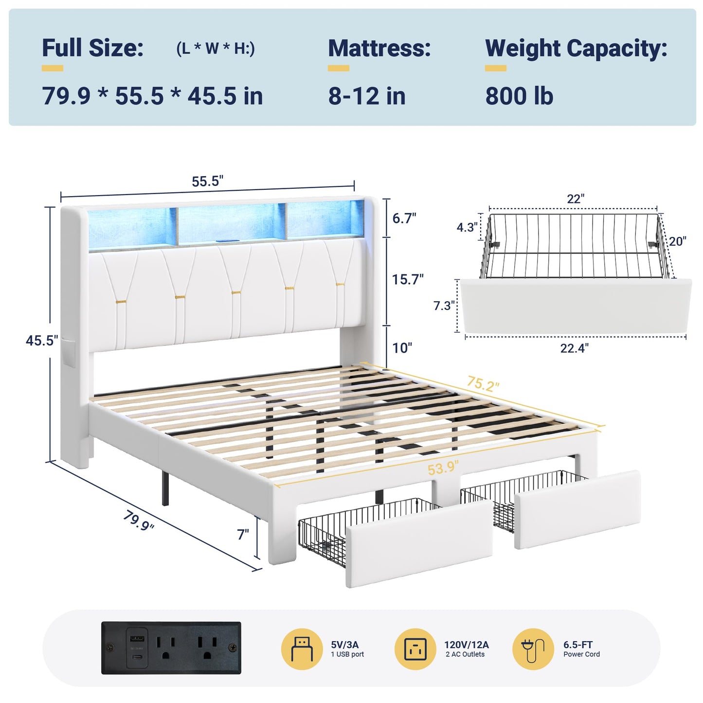 Allewie Full Bed Frame with 2-Tier Storage Headboard, Charging Station & LED Lights, Velvet Upholstered Platform Bed with 2 Drawers, Wingback Headboard, Gold Button Tufted, No Box Spring Needed, White