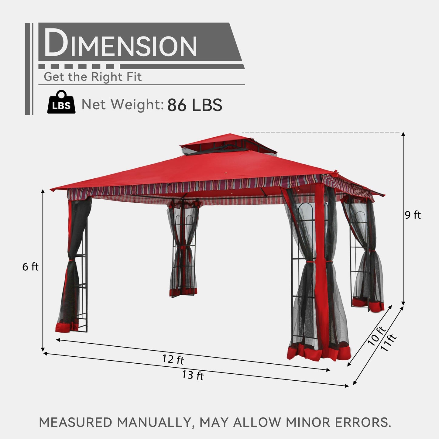 Gardenbee 13x11 Ft Canopy Gazebo with Netting, Double Roof Canopy Shelter with Frame for Outdoors, Patio/Deck/Garden/Yard/Poolside, Red