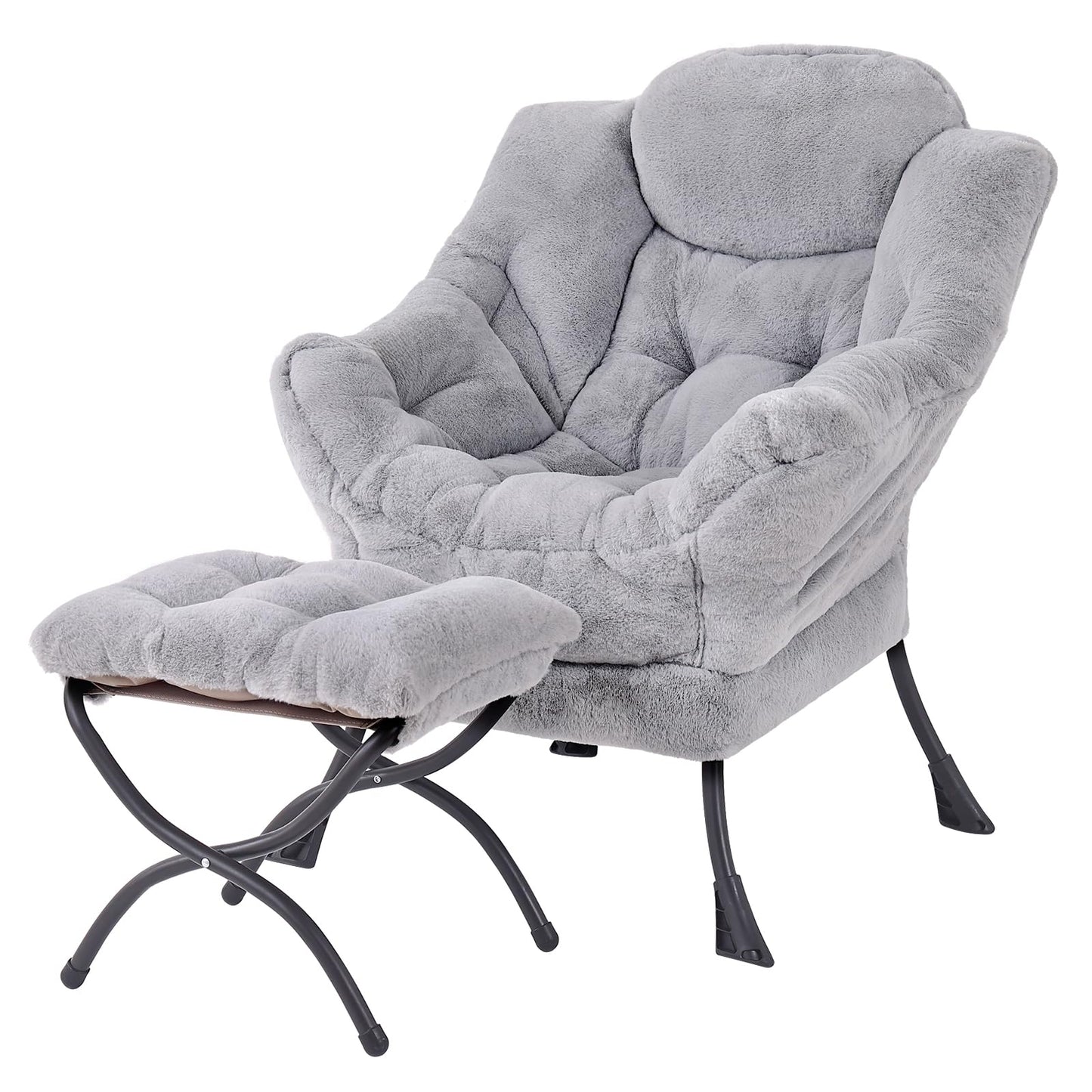 Welnow Lazy Chair with Ottoman, Modern Accent Chair with Armrests and a Side Pocket, Leisure Sofa Armchair, Reading Armchair with Footrest for Small Space, Plush Grey