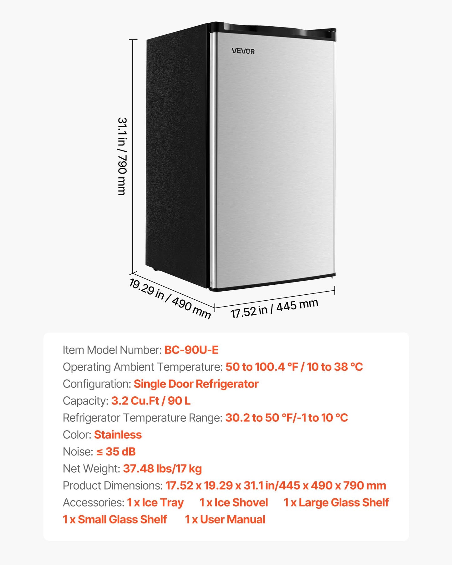 VEVOR 3.2 Cu.Ft Mini Fridge with Freezer, Single Door Compact Refrigerator with Micron Freezer Zone, 7-Mode Adjustable Temp, Energy Efficient Dorm Fridge, Reversible Door, Low Noise, Brushed Steel