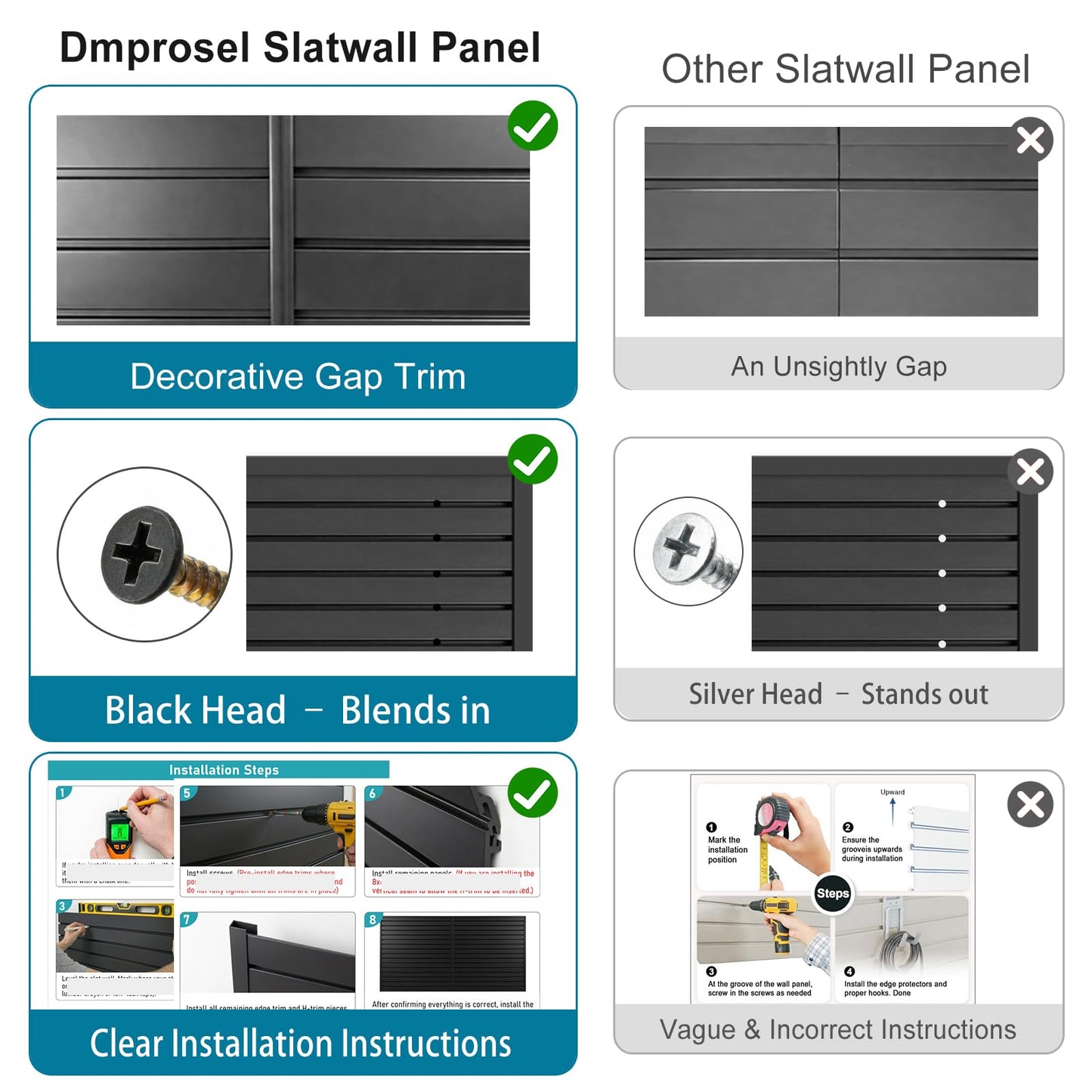 Dmprosel PVC Slat Wall Paneling 4x8 ft, Black Slatwall Panel for Garage Organization Storage System, Garage Wall Organizer, Waterproof Slat Board for Bathroom, Laundry Room, Garden Tool
