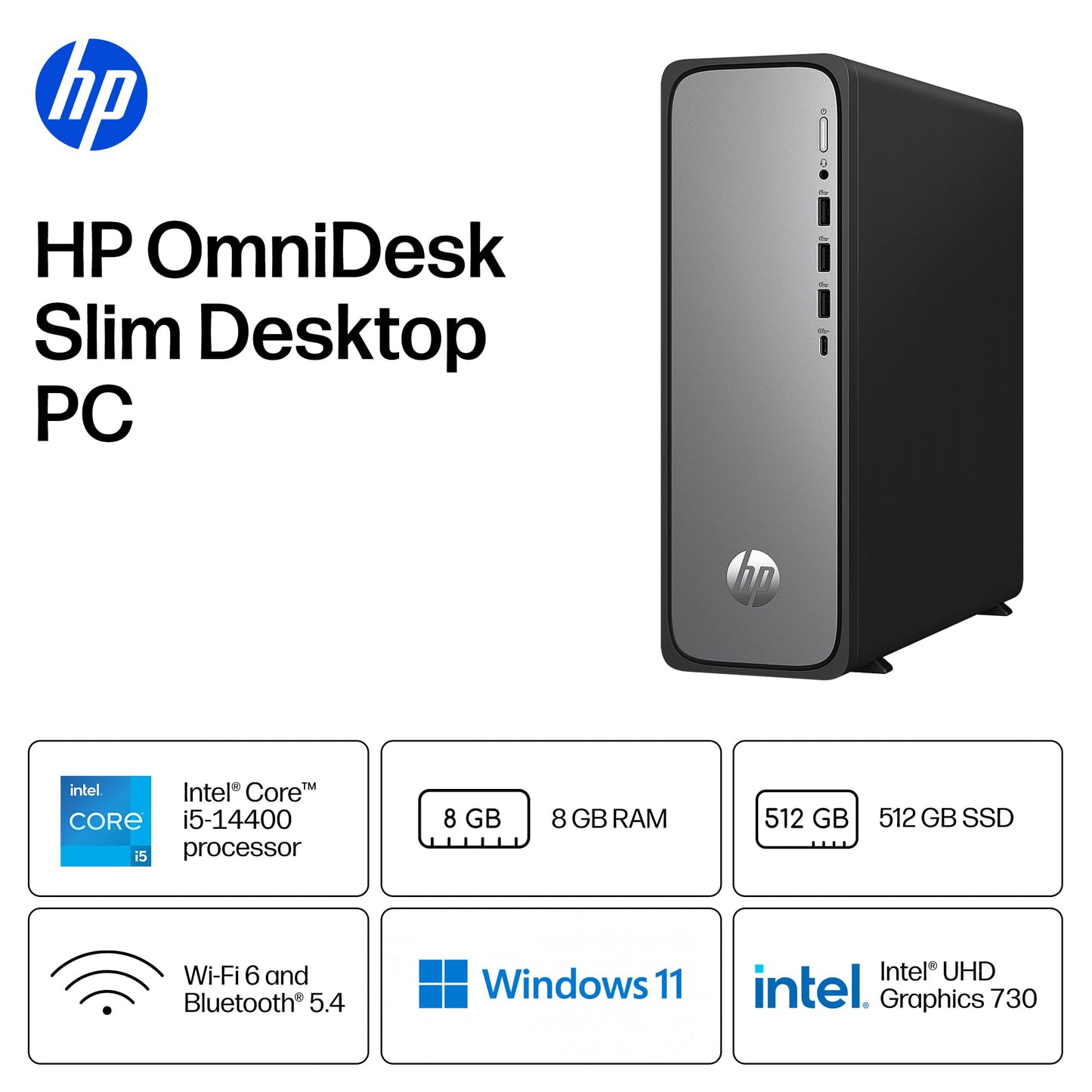 HP OmniDesk Slim Desktop PC, Intel Core i5-14400, 8 GB RAM, 512 GB SSD, Intel UHD Graphics 730, Windows 11 Home, Microsoft Copilot, Meteor Silver, S03-0012 (2026)