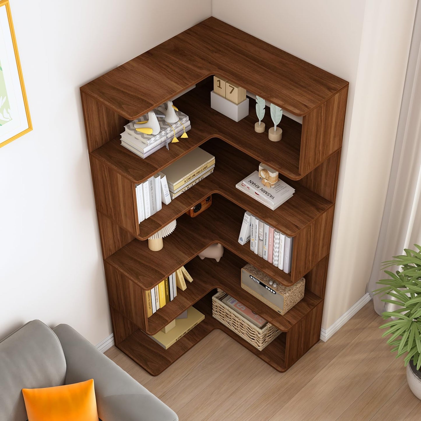 IOTXY 6-Tier L-Shaped Corner Bookshelf - 66" Tall Wooden Freestanding Bookcase with Open Shelf Units, Walnut