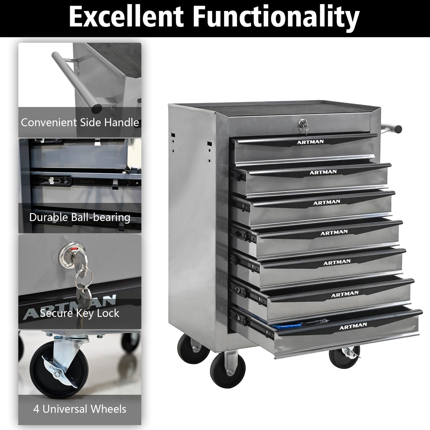 KEIKI Rolling Metal Tool Box with 7 Drawers, 20" Steel Tool Storage Box Organizer, 7 Drawer Tool Chest with Ball Bearing Drawer Slides, Silver
