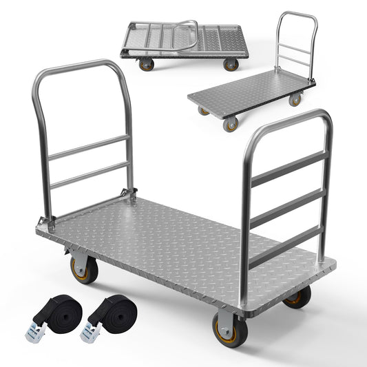 Platform Truck Cart with Detachable Baffle Guardrail,Heavy Duty 48x24 Inch Flatbed Cart with 2000 LBS Weight Capacity and 6In Swivel Caster Transporting Heavy Loads and Barrel with Ease & Efficiency
