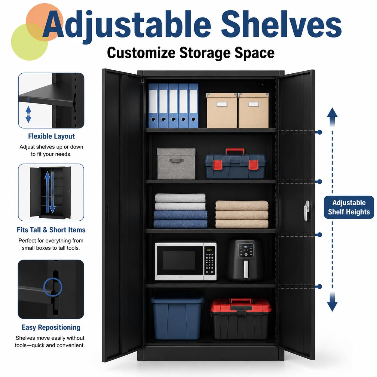 PeakPursuit 71 Inch Metal Storage Cabinet, Locking Steel Cabinet with 4 Adjustable Shelves & Leveling Feet, Heavy Duty Garage Storage Cabinet for Pantry, Office, Home, Laundry Room, Black