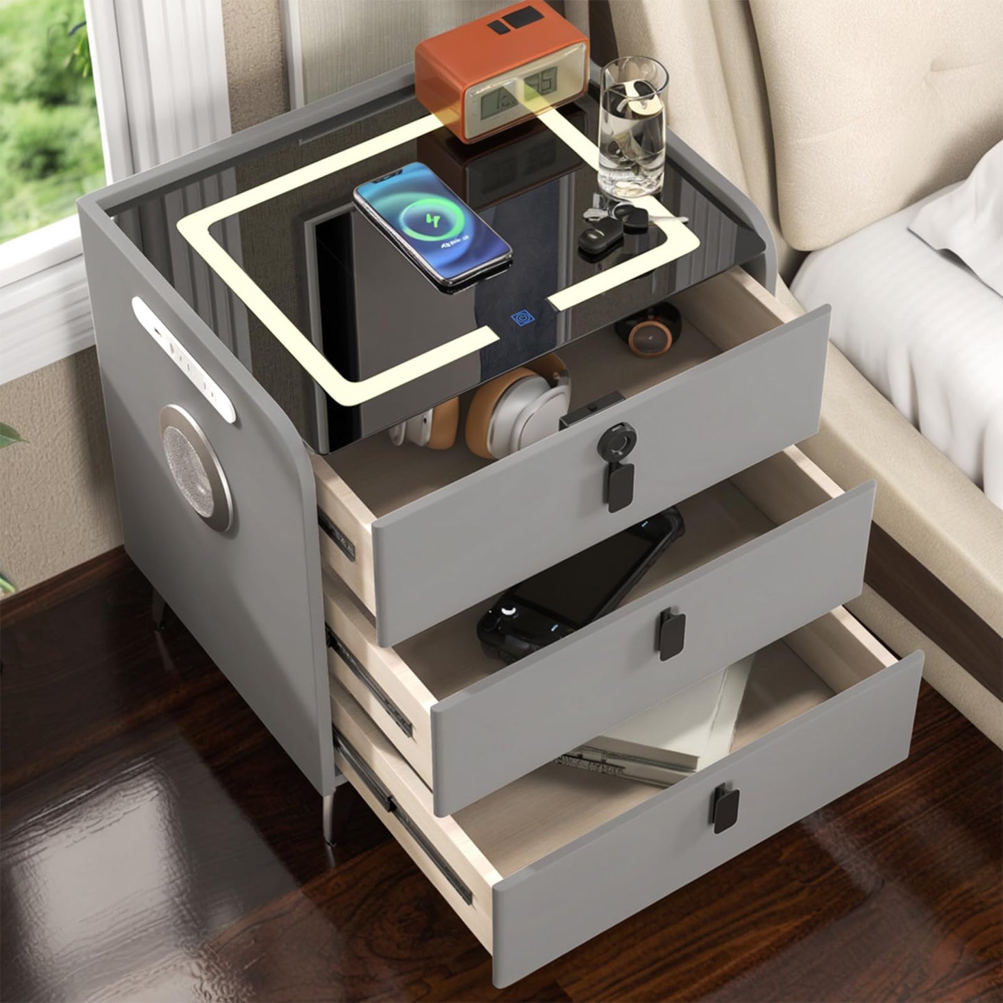 QHRAY Smart Nightstand with Fingerprint Lock Drawer, Nightstand with Wireless Charging, Night Stand with Charging Station,2 USB, LED Lights Bluetooth Speaker Side Table for Bedroom/Living Room