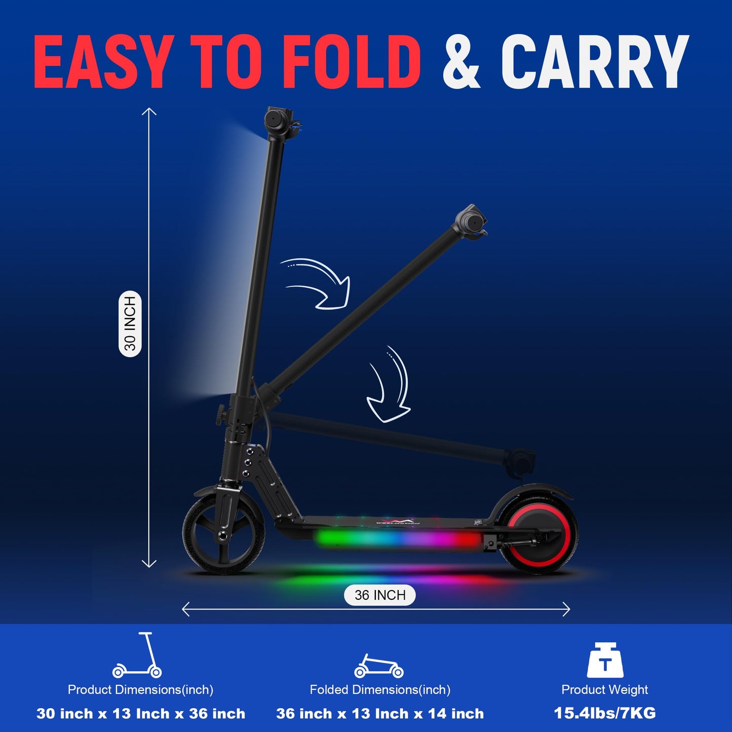WEELMOTION Foldable Electric Scooter for Kids, Bright Front Lights, Shining Pedal Lights, LED Display, Dual Brakes 150W Motor Kids Electric Scooter, UL2272 Certified，Classic Black