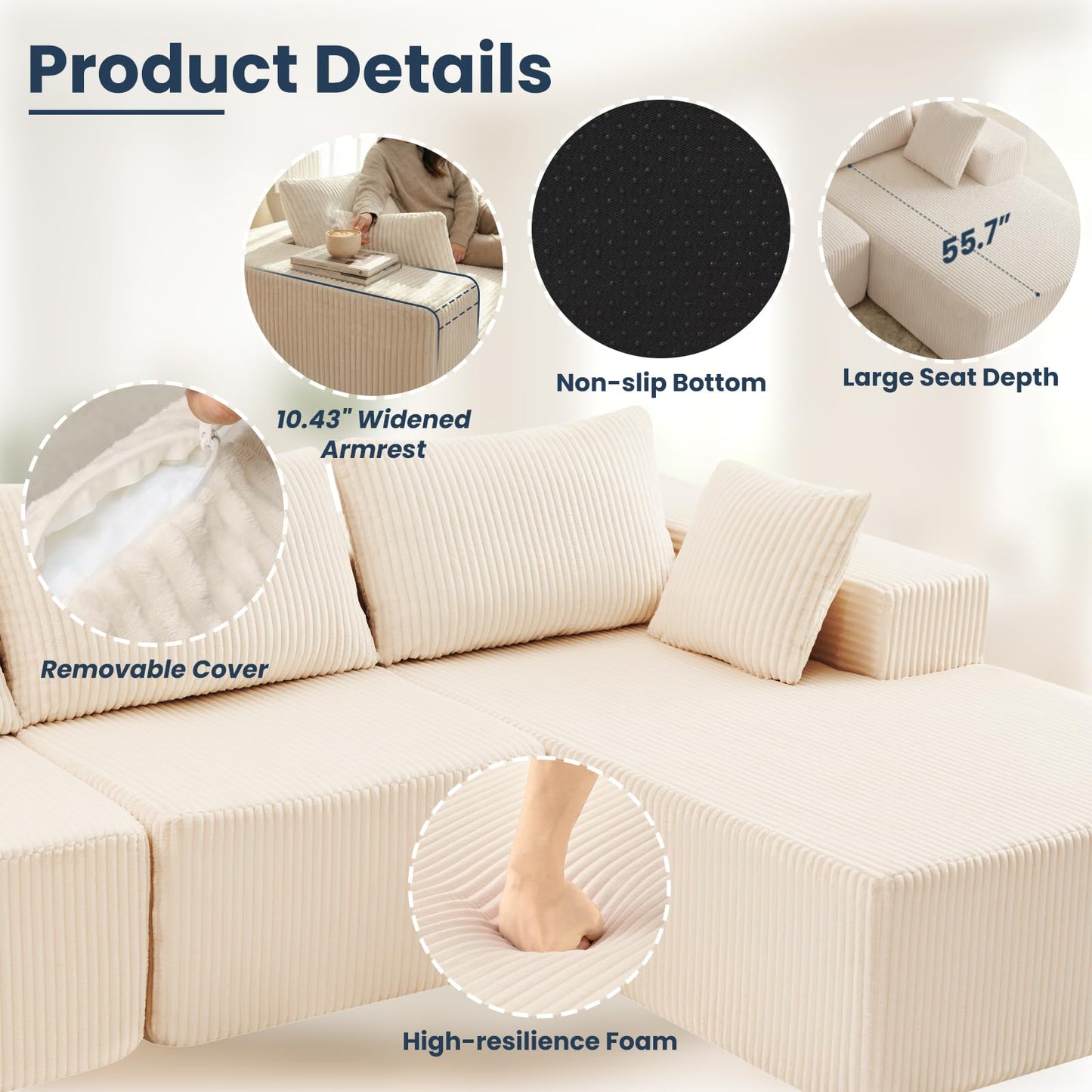 DUMOS 108" Boneless Couch, Cloud Sectional Couch with L-Shape Chaise, Modular Sectional Sofa with Deep Seat, Fluffy Couch for Living Room Bedroom, No Assembly Required, Beige, Right Facing Chaise
