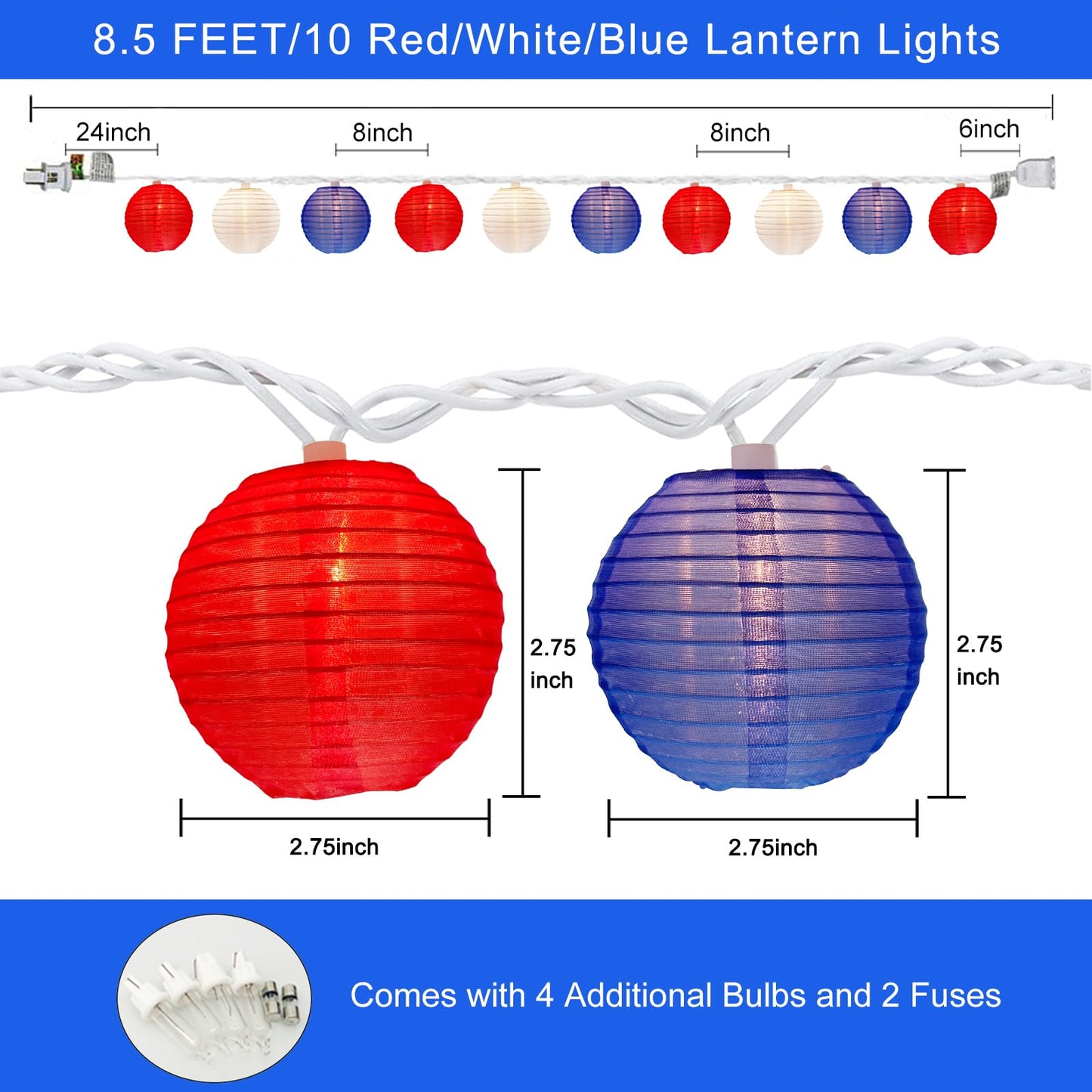 SUNSGNE Lantern String Lights, 10 Red White Blue Lanterns, 8.5Ft Plug-In Mini Lights for Patio Garden Decor