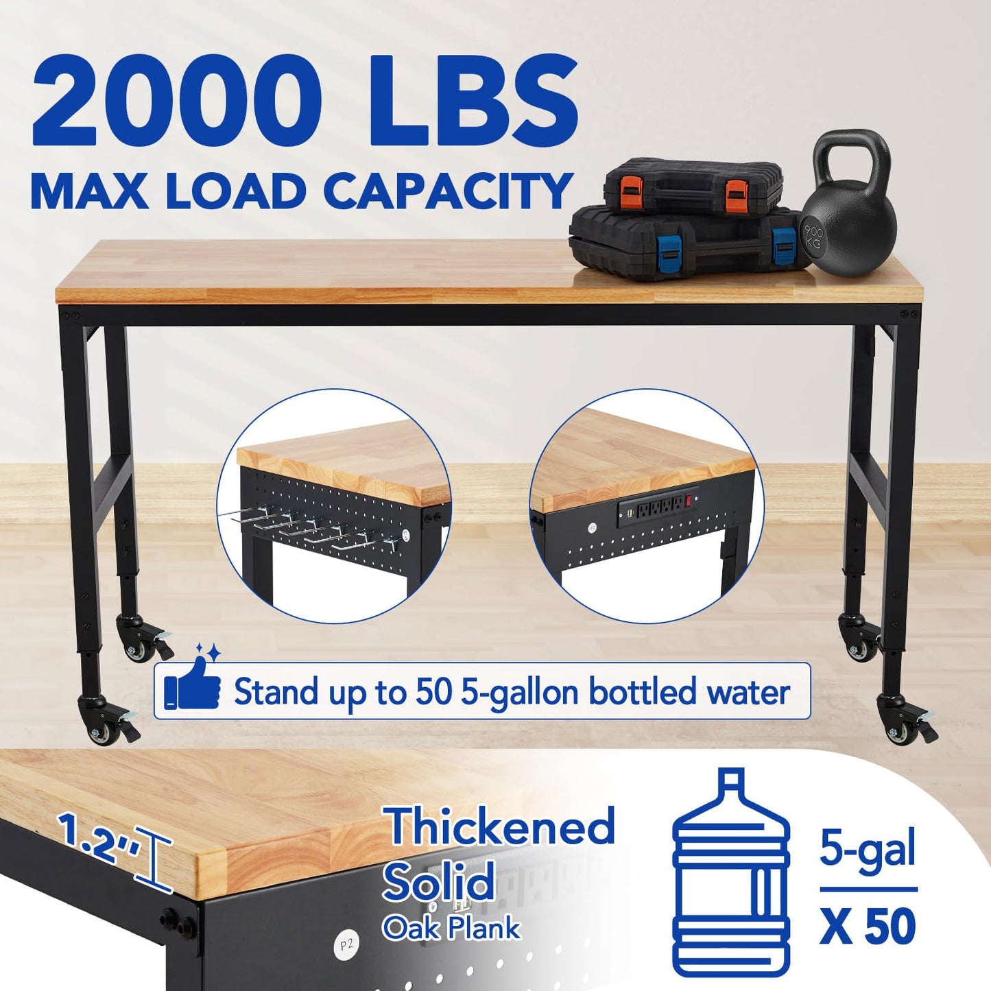 Workbench Adjustable 75' x 25', 2000 Lbs Load Capacity, 29.5"-38.4" Heights Garage Worktable with Universal Wheels & Power Outlet, Heavy-Duty Table for Workshop Office Home Commercial