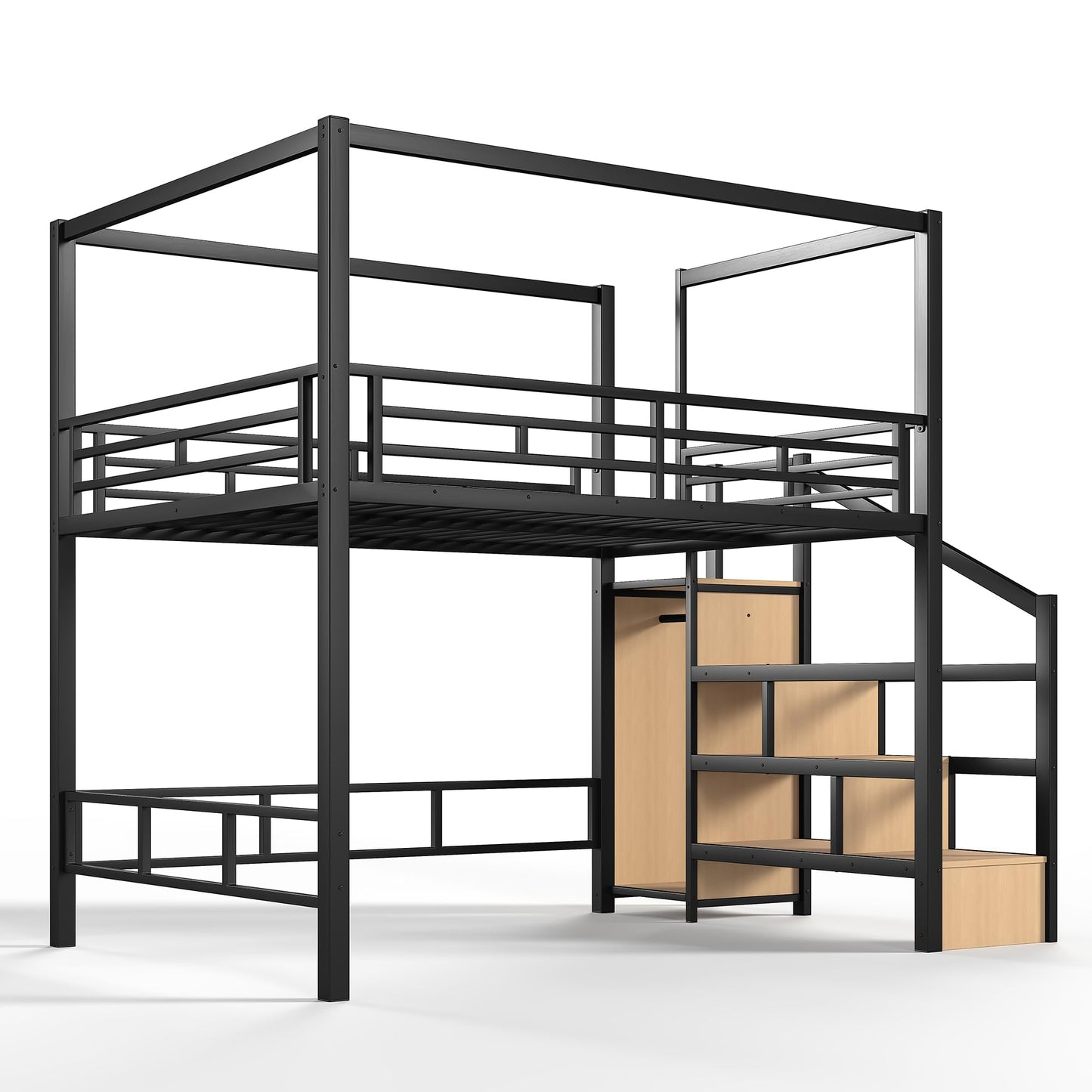 Bellemave Queen Size Loft Bed with Stairs and Wardrobe,Heavy Duty Metal Loft Bed Frame with Canopy for for Kids,Teens,Adults,Natural Wood