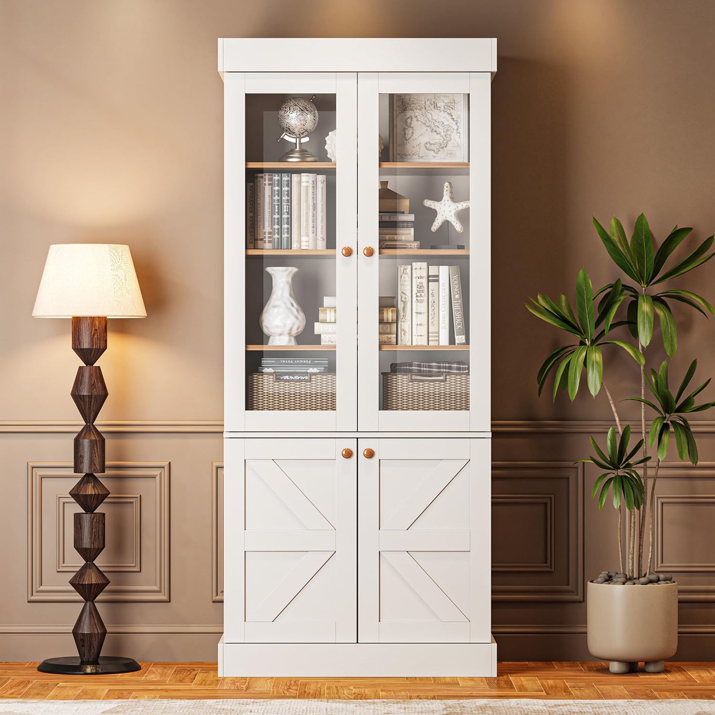 ivaniti 3-Piece Farmhouse Entertainment Center Wall Unit, White TV Stand with 2 Tall Bookcases, 61.8" Media Console with Sliding Barn Doors, 71" Bookshelves with Glass Doors and Adjustable Shelves