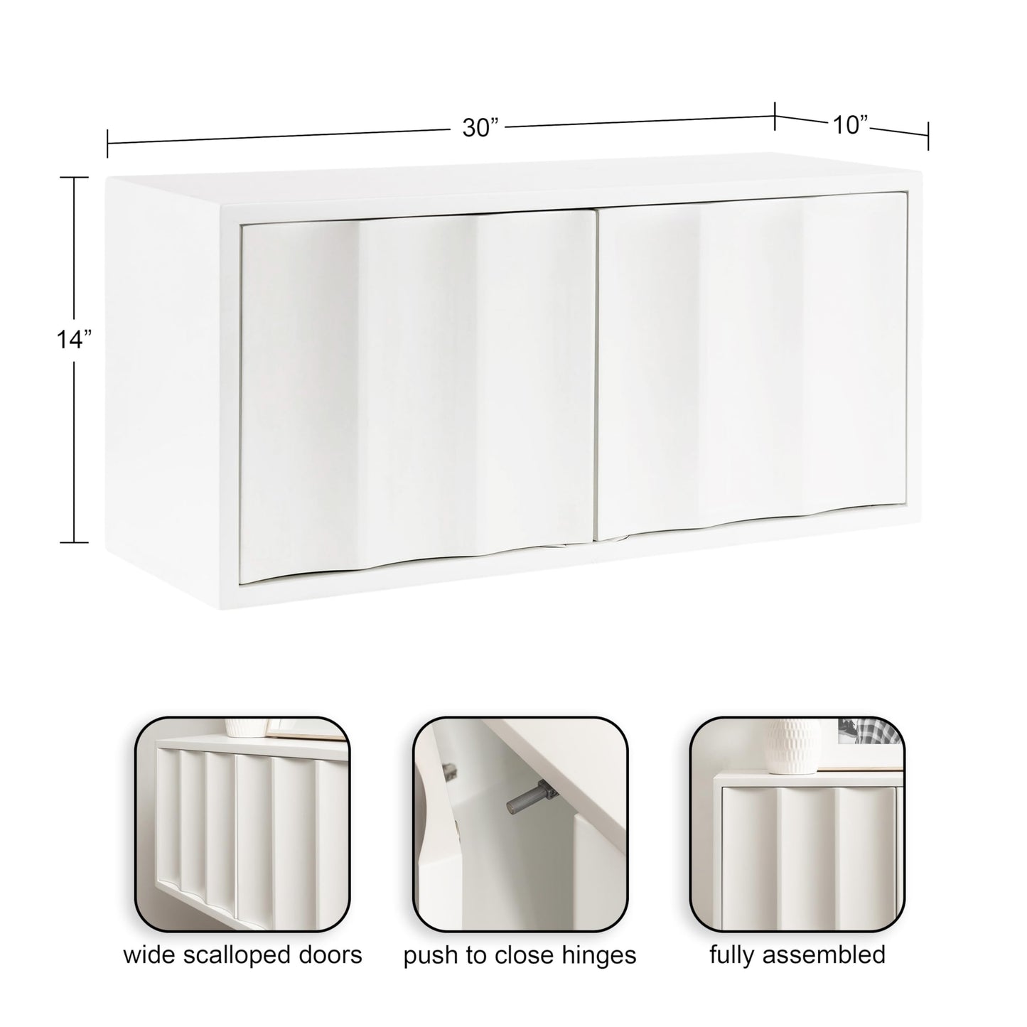 Kate and Laurel Sartell Modern Wooden Two-Door Wall Cabinet, 30 x 10 x 14, White, Decorative Modern Storage Cabinet with Dimensional Face for Use as Floating Nightstand or Cute Nursery Shelf Storage