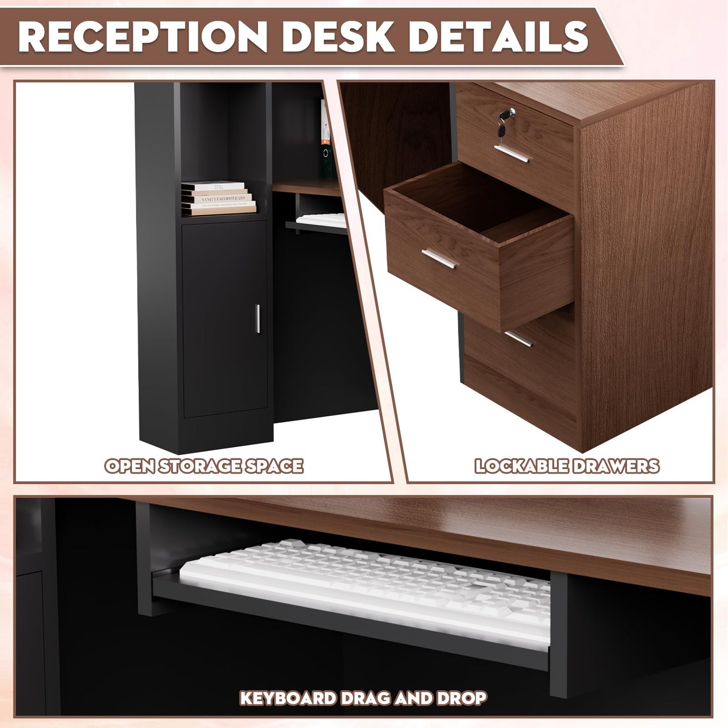 L-Shaped Modern Large Wooden Commercial Reception Desk with Counter & Shelves, Front Reception Desk Counter Table with Drawers for Offices,Home (Brown + Black, Left- 71''L x 42''W x 41''H)