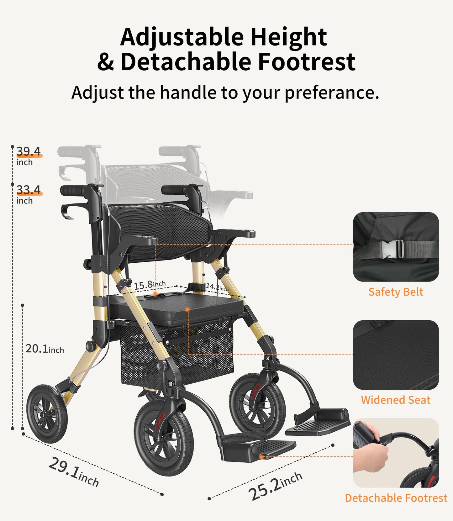 VOCIC Walkers-for-Seniors, Rollator-Walker-with-Seat, Transport-Wheelchair-Lightweight-Foldable, Adult Rolling Walker, Rollator Transport Chair with Brakes, 2 in 1 Walker Wheelchair Combo Z51