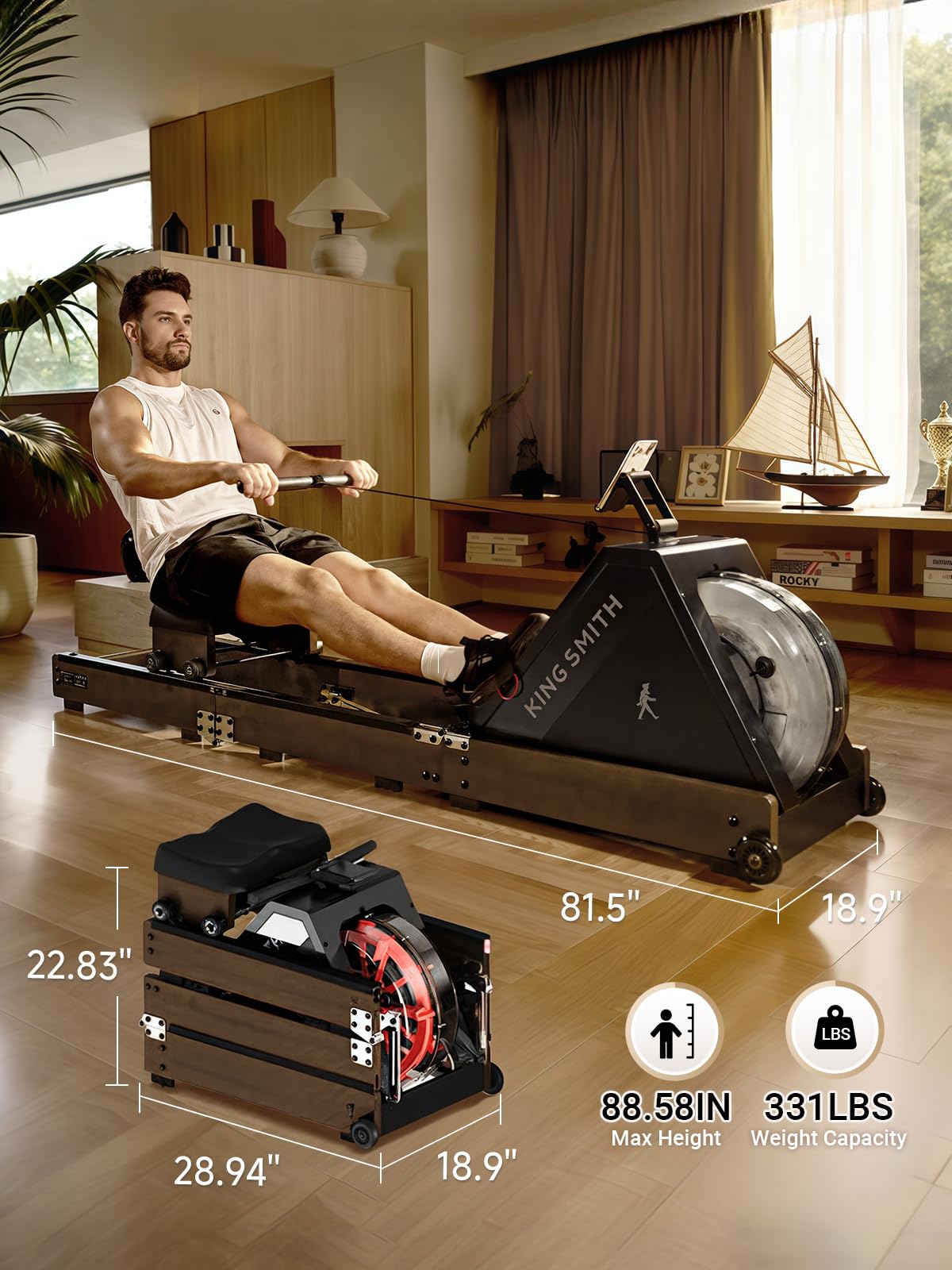 KINGSMITH Water Rowing Machines for Home, WR20 Foldable Row Machine, 331LB Weight Capacity, Water Rower Machine with LCD Monitor, App Supported and Comfortable Seat for Folding Water Rowers, Walnut