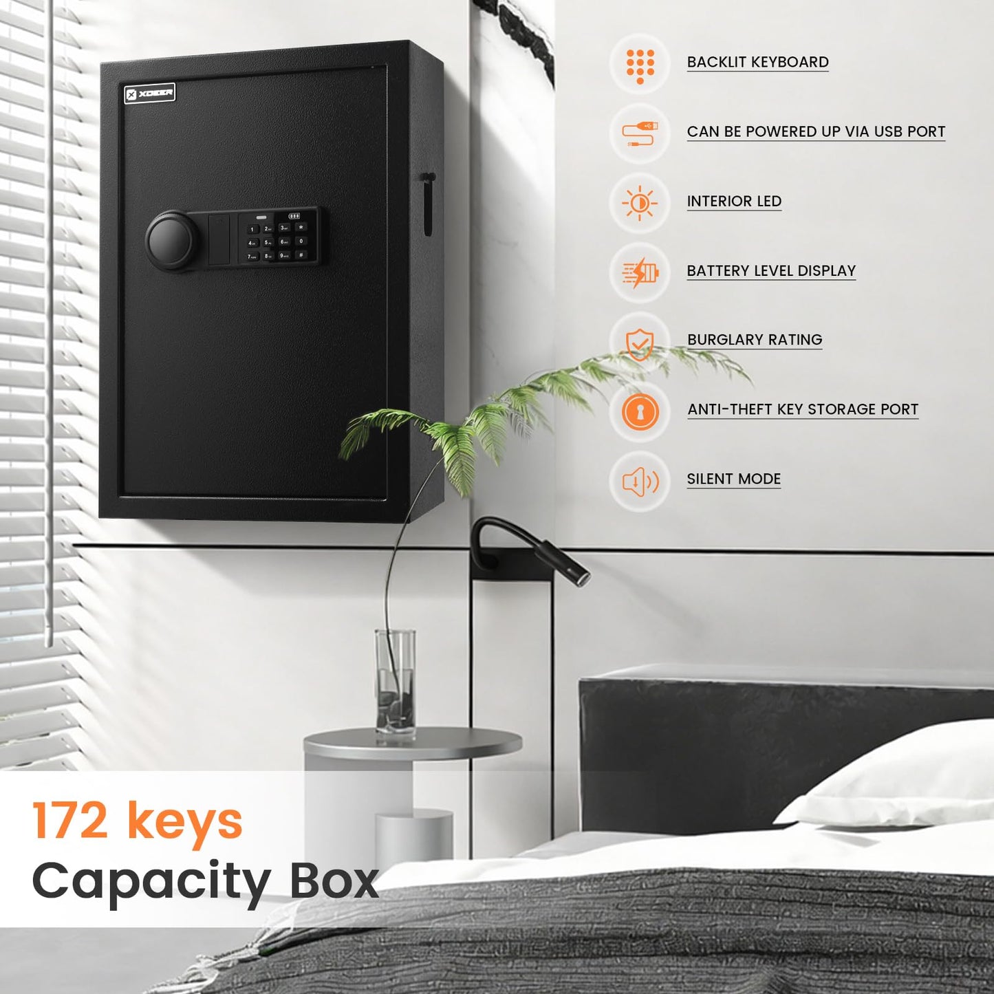 XDeer 172-Key Safe Wall Mount with Advanced Anti-Theft & LED Light, Key Cabinet with Combo & Key Lock for Hotels, Offices & Car Dealerships 1PCS