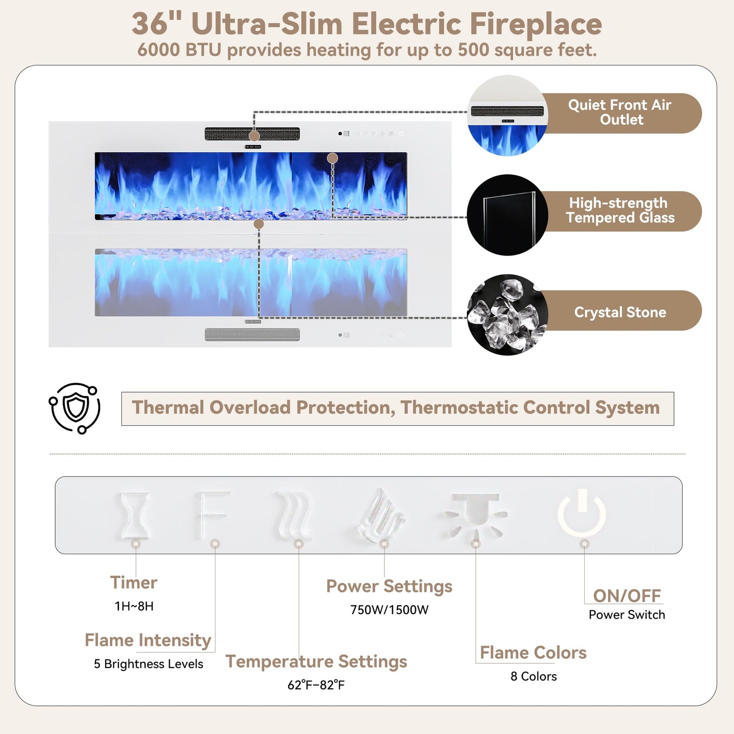 FJTJBSI 70" Fireplace TV Stand with 36" Electric Fireplace Entertainment Center with Charging Station and LED Light Console Table for Television up to 80 inch with Storage for Living Room
