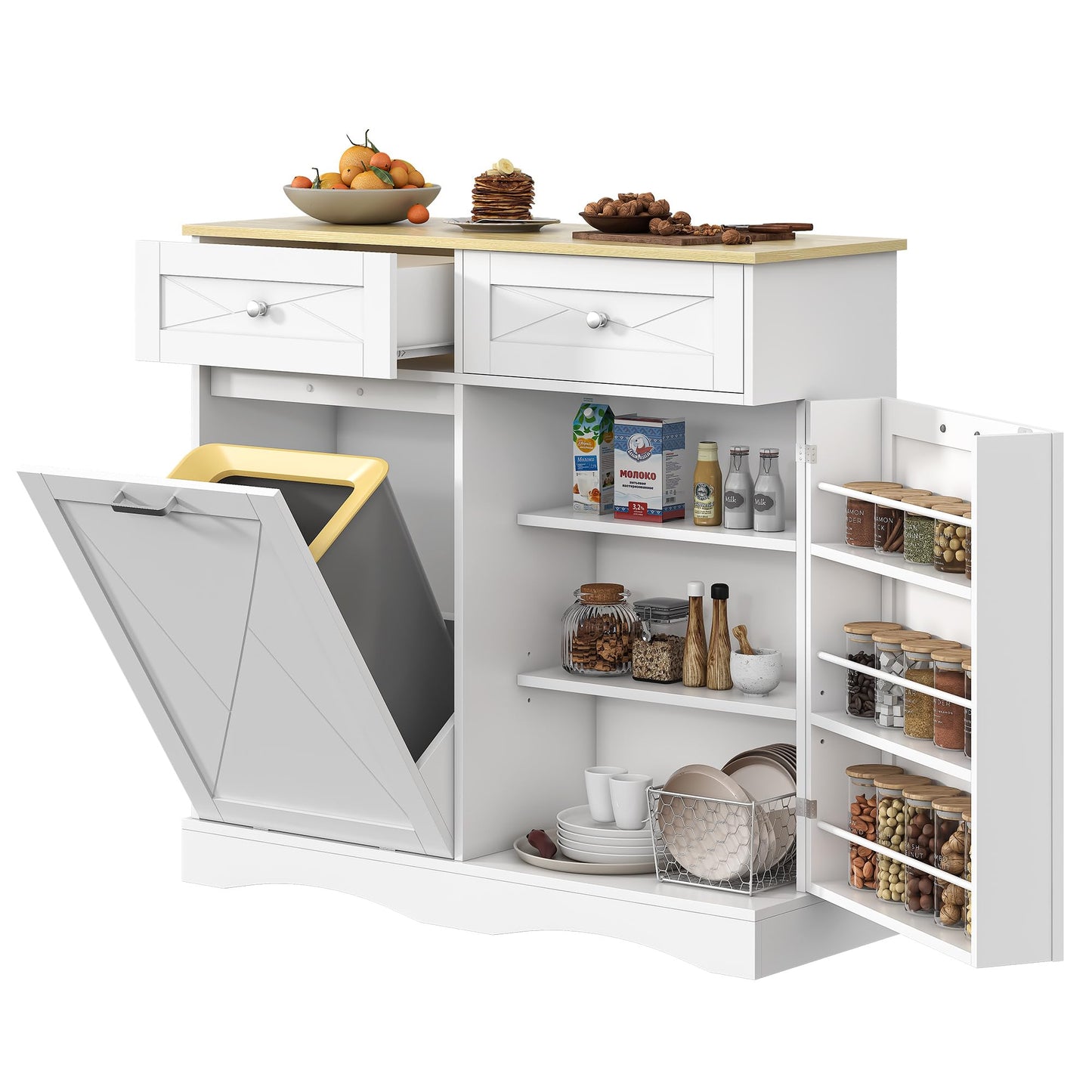 kepptory Tilt Out Trash Can Cabinet 12 Gallon, Pull Out Trash Can Storage Cabinet with 2 Drawers & Countertop, White Kitchen Cabinet with Adjustable Shelf, for Kitchen Pantry, Modern Farmhouse