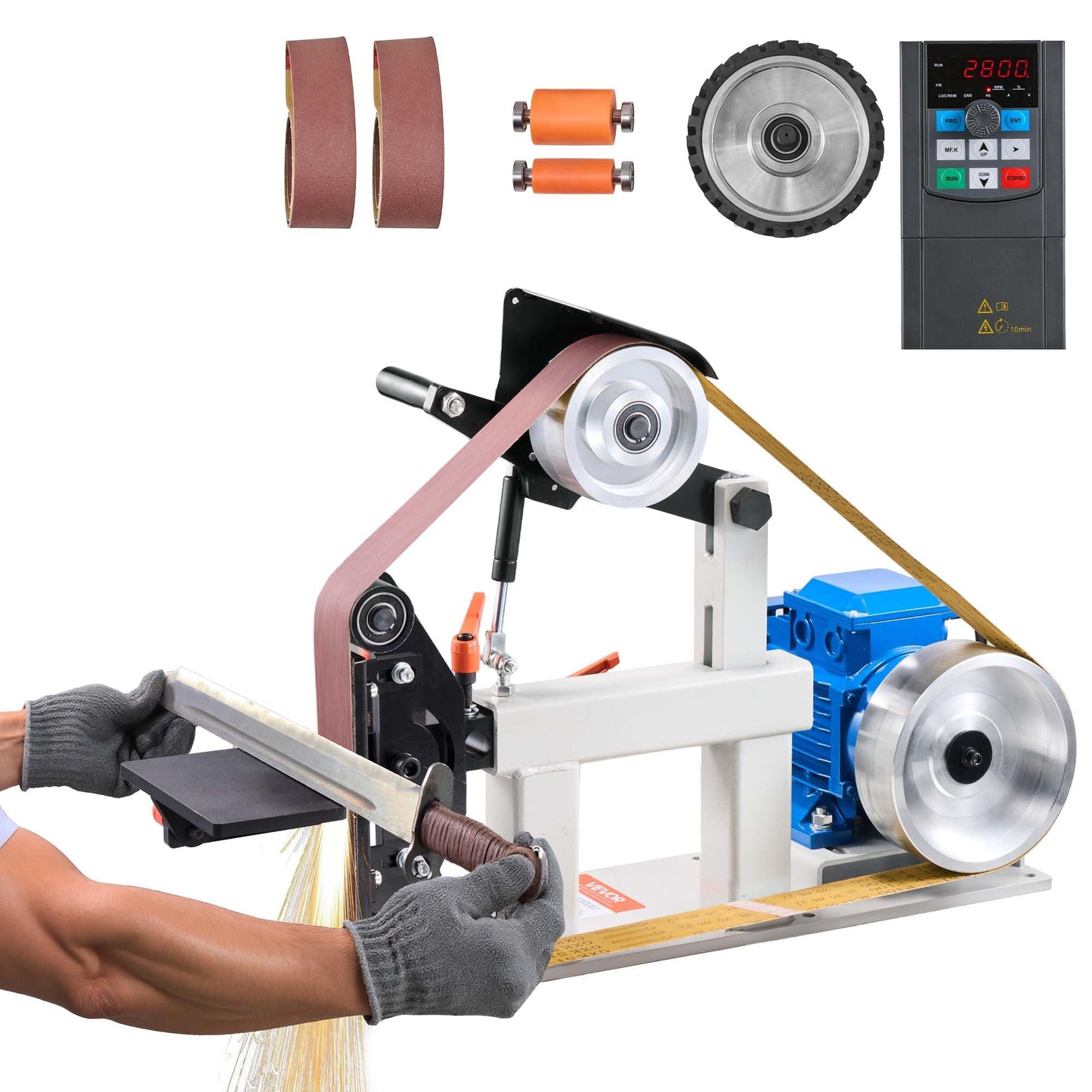 VEVOR 1500W 2HP Belt Sander Grinder, 2" x 82" Variable Speed Belt Grinder for Metalworking, 3 in 1 Belt Sander Polisher with 3 Grinding Moulds & Flat Platen Tool Rest for Knife Making