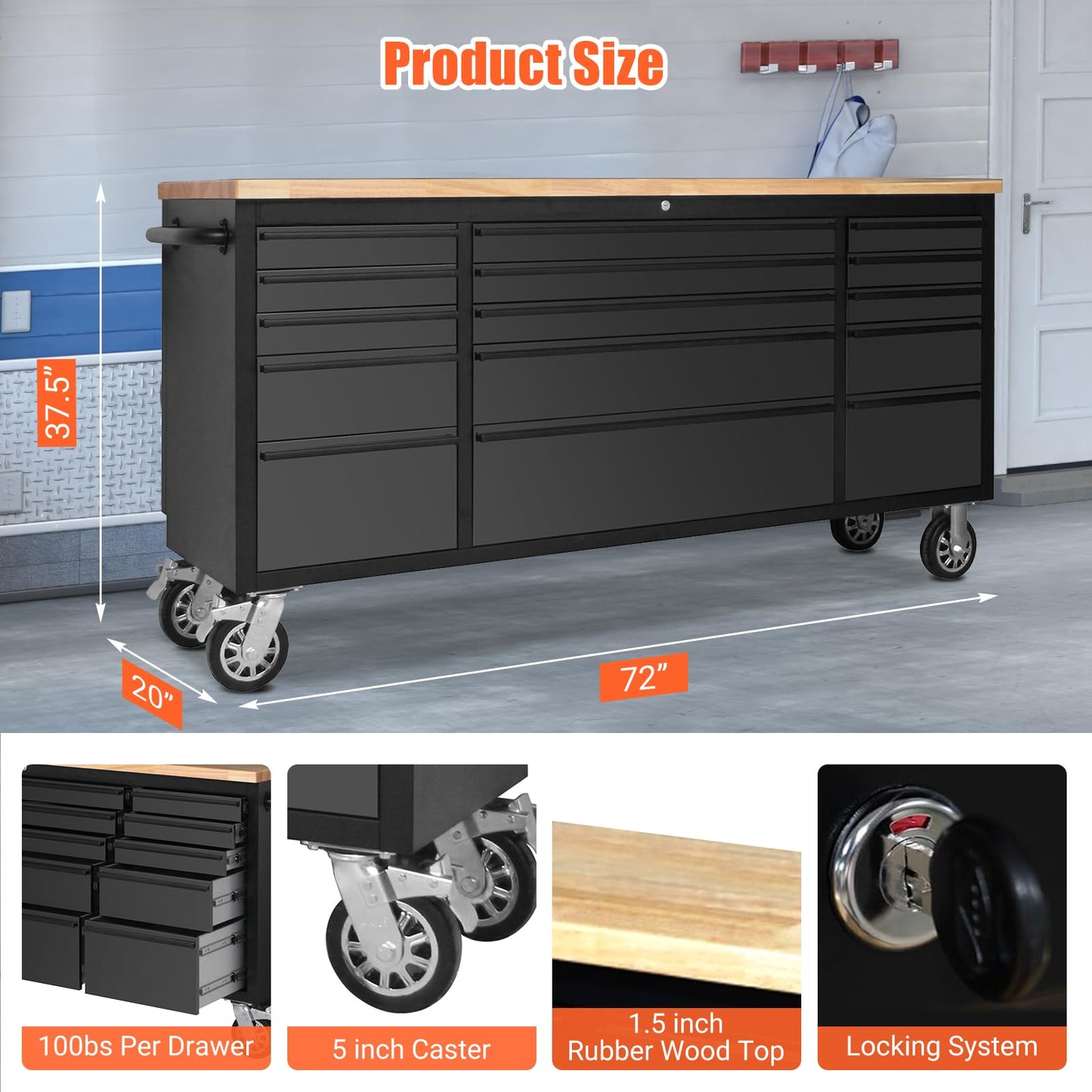 ExploreHorizon 72" Rolling Tool Chest with 15 Drawers - Heavy-Duty Steel & Rubber Wood Workbench on Wheels, Garage Workbench with Key Locking System, Drawer Liners for Warehouse Repair Shop, Black