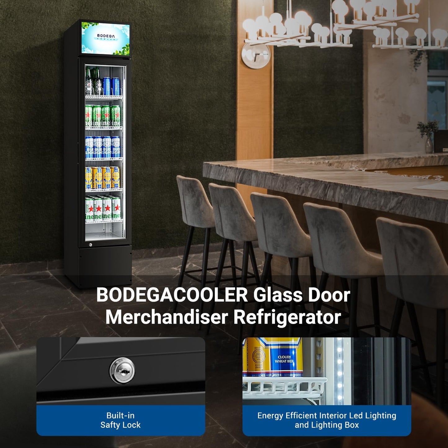 BODEGACOOLER Commercial Merchandiser Refrigerator, 5.7 Cu.Ft Single Swing Glass Door Beverage Cooler, Upright Display Refrigerator with Soft LED Light, Adjustable Shelves, Black