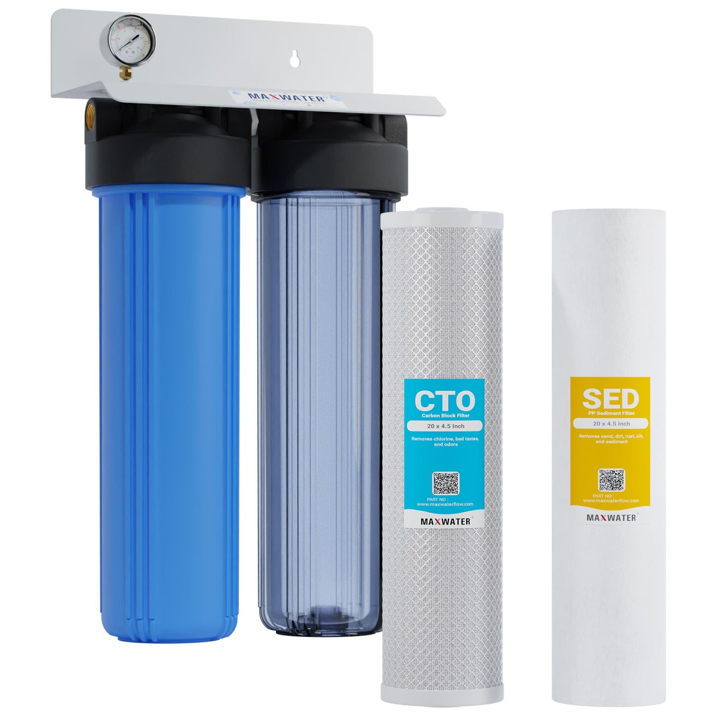 20" Dual Clear & Blue Whole House Water Filter 1" w/Pressure Gauge, Double O Ring Filter Housing, 20"x4.5" 5-Micron Sediment, CTO Carbon Water Filters