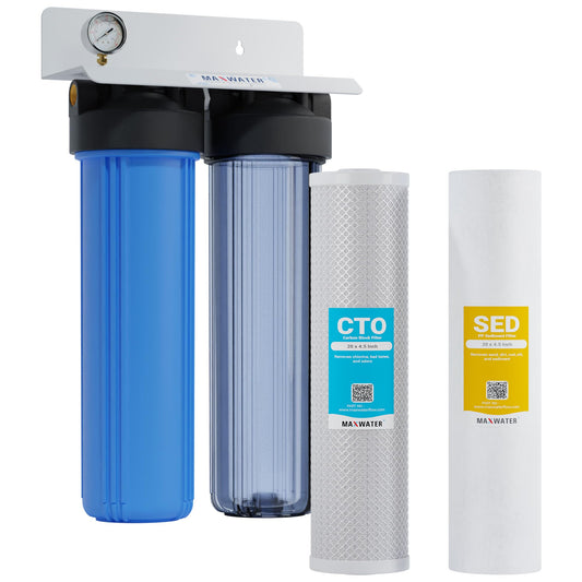 20" Dual Clear & Blue Whole House Water Filter 1" w/Pressure Gauge, Double O Ring Filter Housing, 20"x4.5" 5-Micron Sediment, CTO Carbon Water Filters