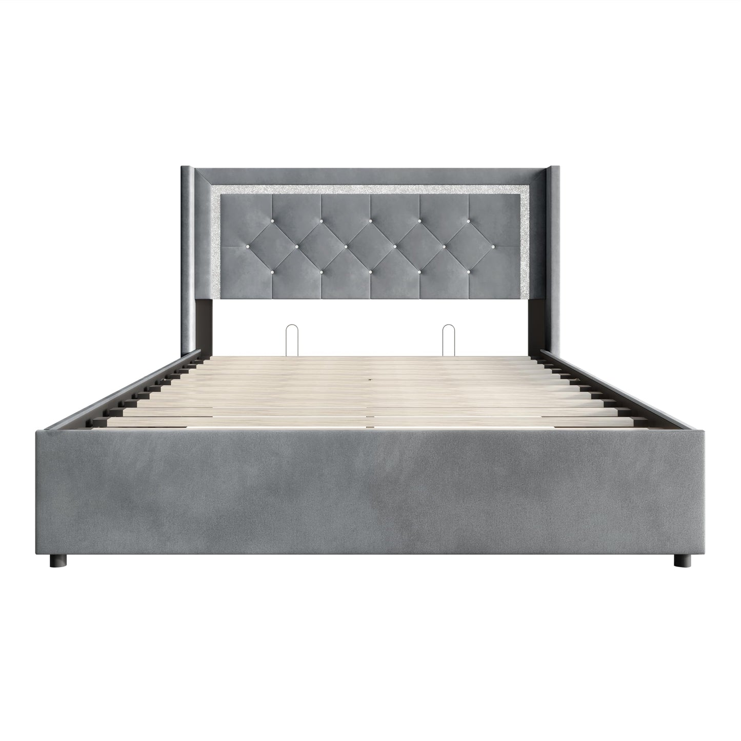 Castle Place Queen Wingback Velvet Upholstered Platform Lift-Up Storage Bed, Crystal Button Diamond Tufted and Diamond Strip Design, Light Grey