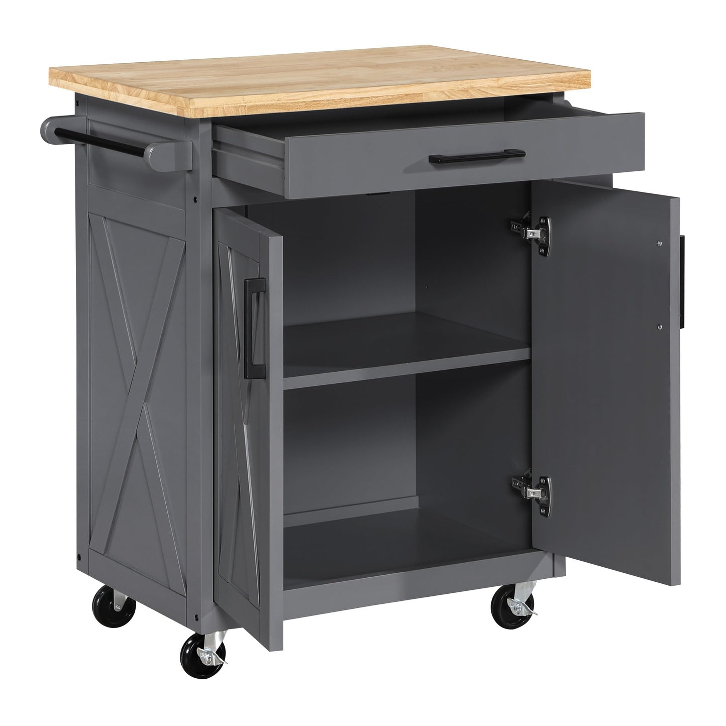 OSP Home Furnishings Bolten Farmhouse Kitchen Cart with Butcher Block Top, Rolling Island with Storage Cabinet and Drawer, 35.5H x 32W x 19D inches, Grey