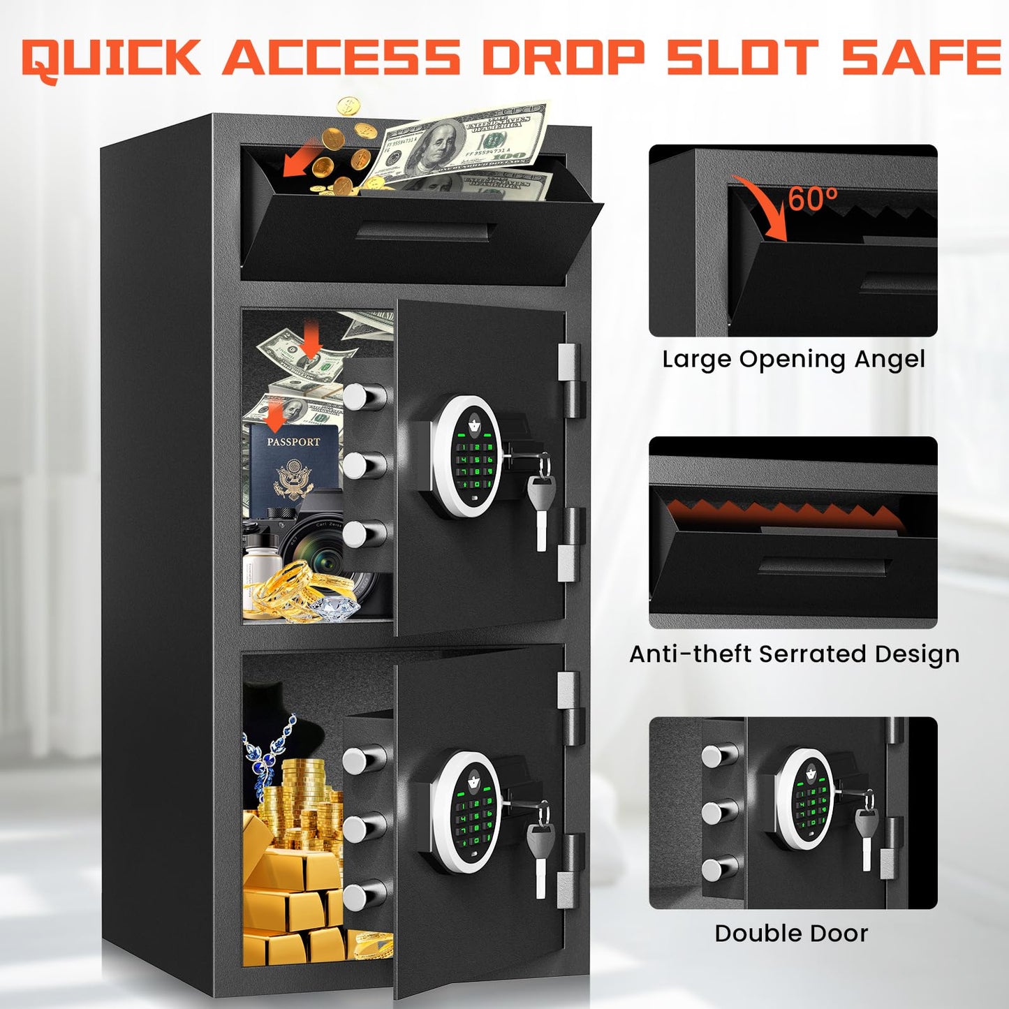 Omethey 6.5 Cu ft Extra Large Home Safe Box Fireproof Waterproof with Drop Slot, Digital Drop Safe with Double Door & Key Hook, Money Safes with Backlit Keypad & Dual Alarm for Home Office Business